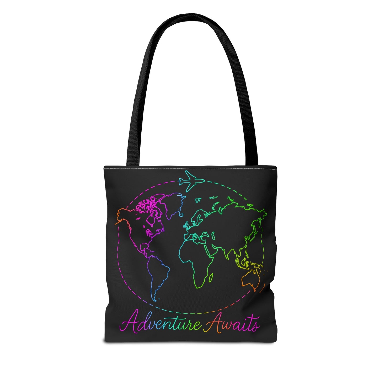 Adventure Awaits Neon Tote Bag - Y2K Rainbow World Map and Plane Travel Tote, Reusable Canvas Tote for Airport, Beach, Market + Gift