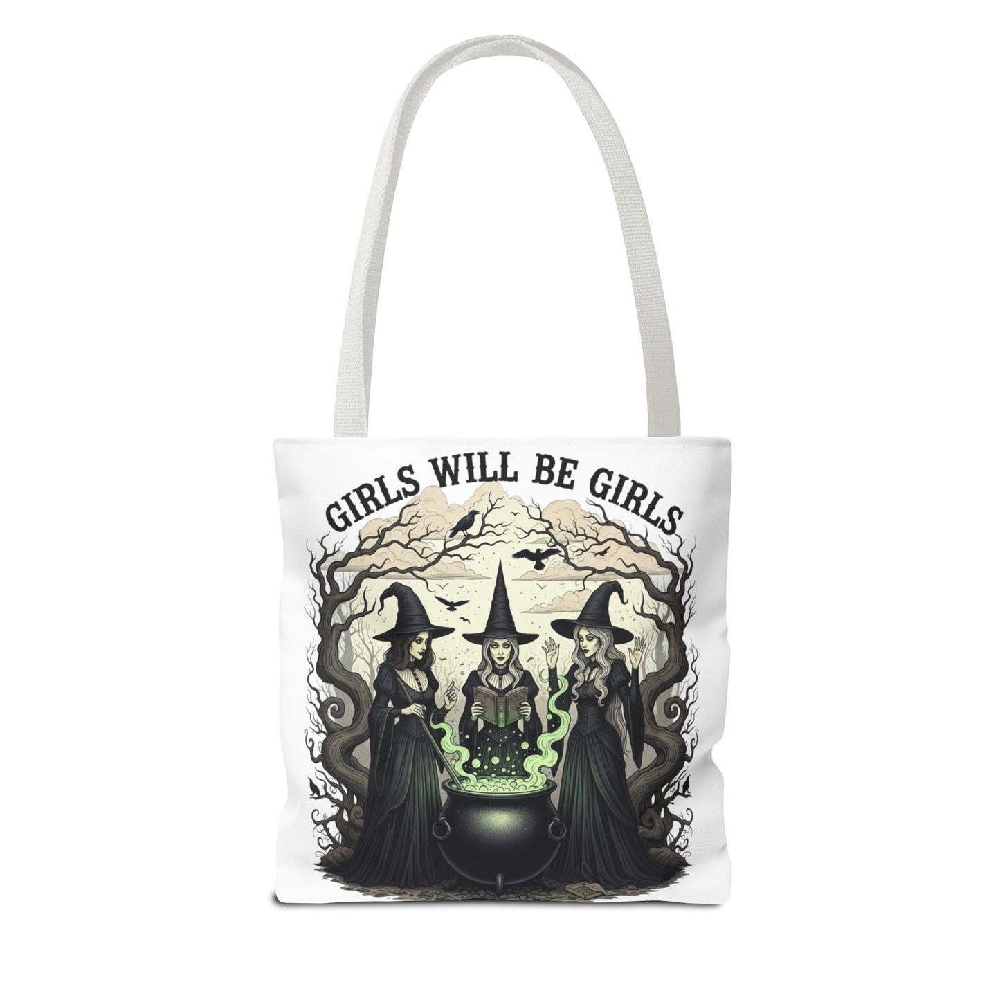Girls Will Be Girls Halloween Tote Bag, Witchy Aesthetic Bag, Gothic Witches Cauldron Art, Spooky Gift, Reusable Eco Tote For Halloween Lovers
