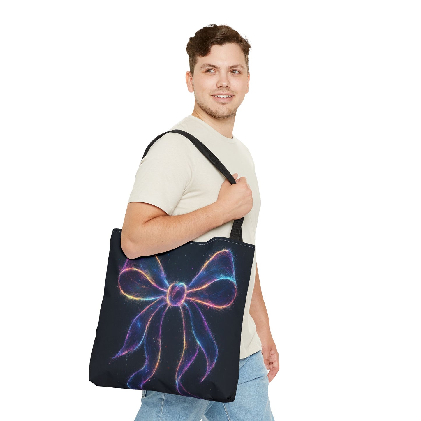 Galaxy Glow Bow Tote Bag, Cosmic Neon Ribbon Design, Black Space Art Bag, Celestial Gift For Her, Stylish Reusable Everyday Tote