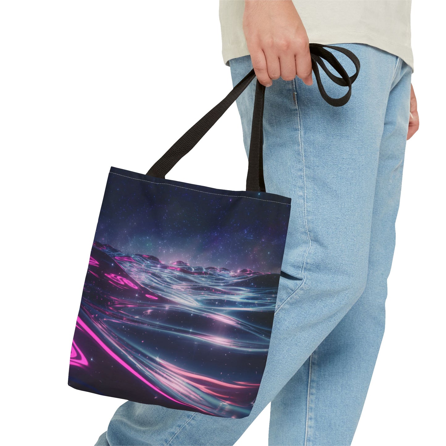 Neon Wave Horizon Tote Bag, Futuristic Ocean Design With Pink And Blue Light, Sci-Fi Aesthetic Reusable Tote For Travel, Gifts, And Everyday Use