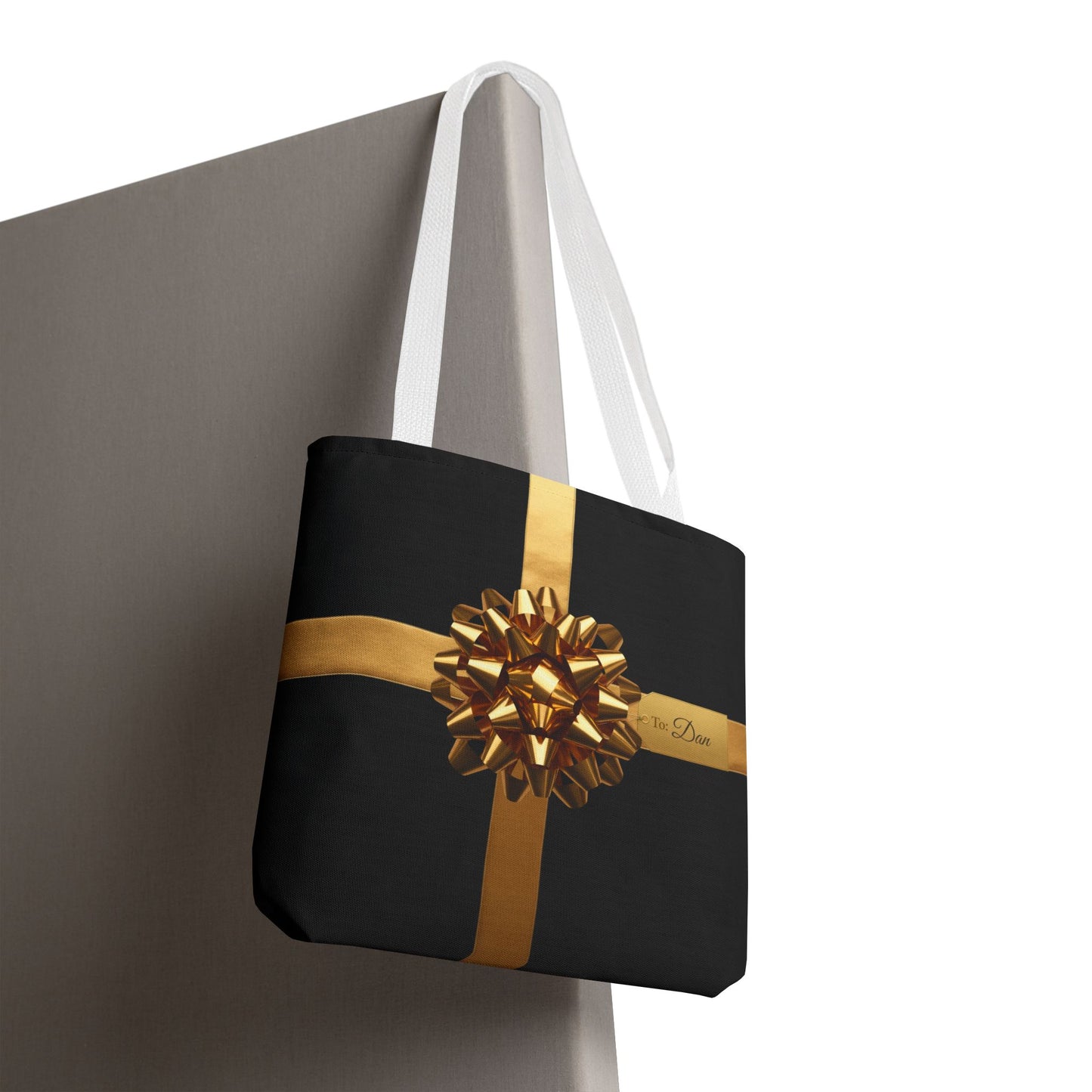 Custom Name Tote Bag | Black & Gold Gift Wrap Design | Personalized Luxury Tote for Stylish Everyday Use or Gifting