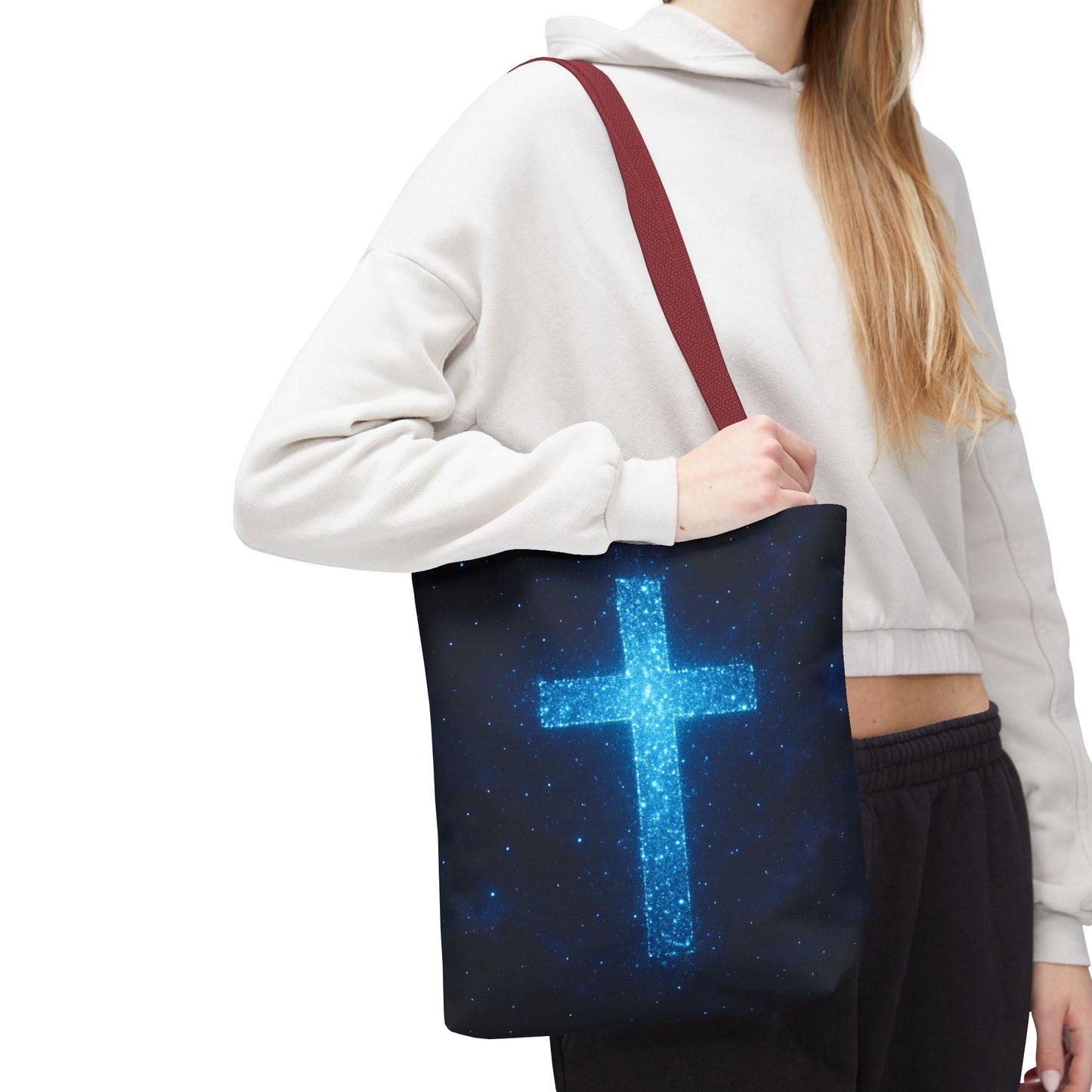 Sparkling Cross Tote Bag - Inspirational Blue Cosmic Bag Christian Tote Spiritual Bag Inspirational Tote Bag