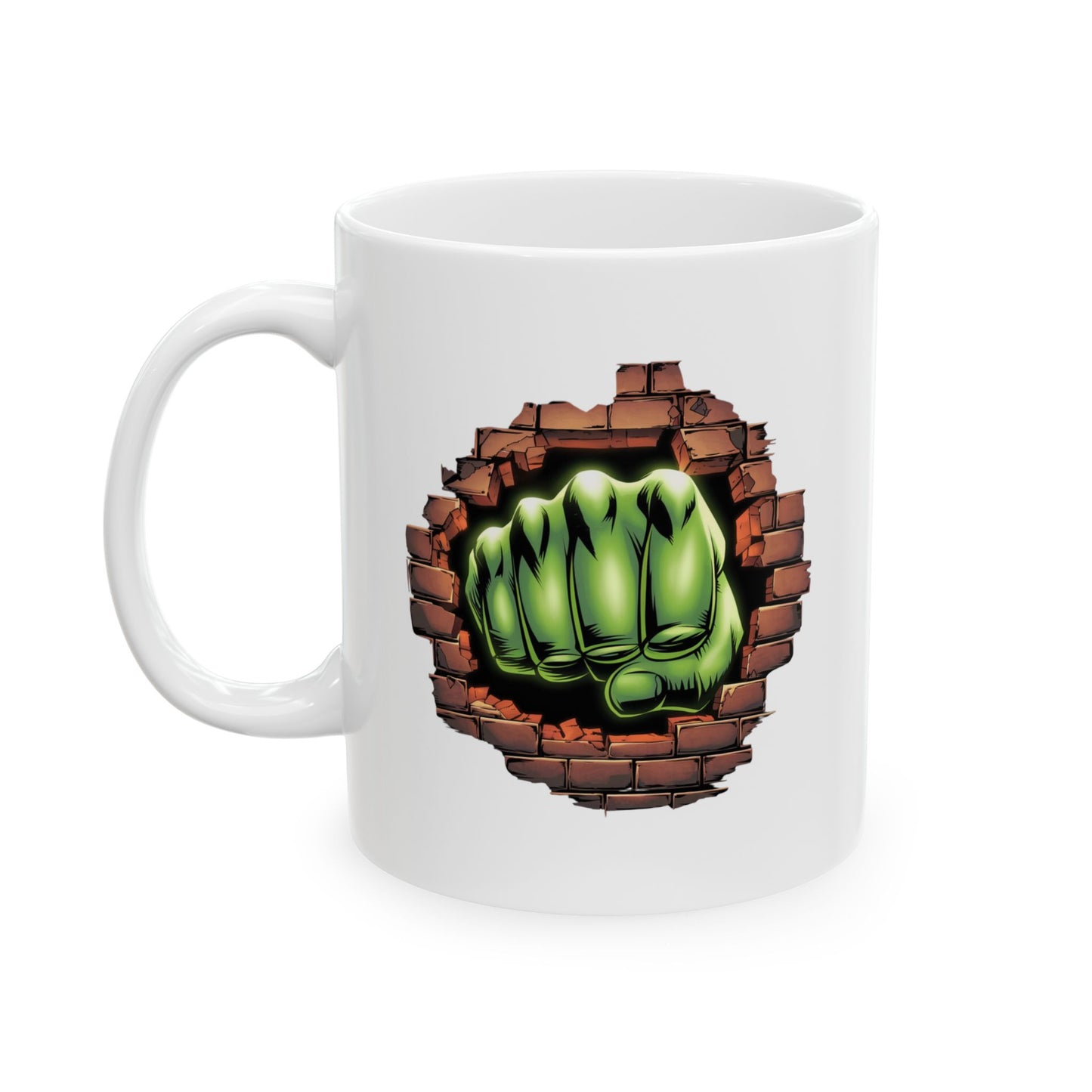 Smash Fist Mug – Green Fist Punching Through Wall Coffee Cup, Superhero Inspired Design, Dishwasher Safe, Funny Gift for Fans & Coffee Lovers