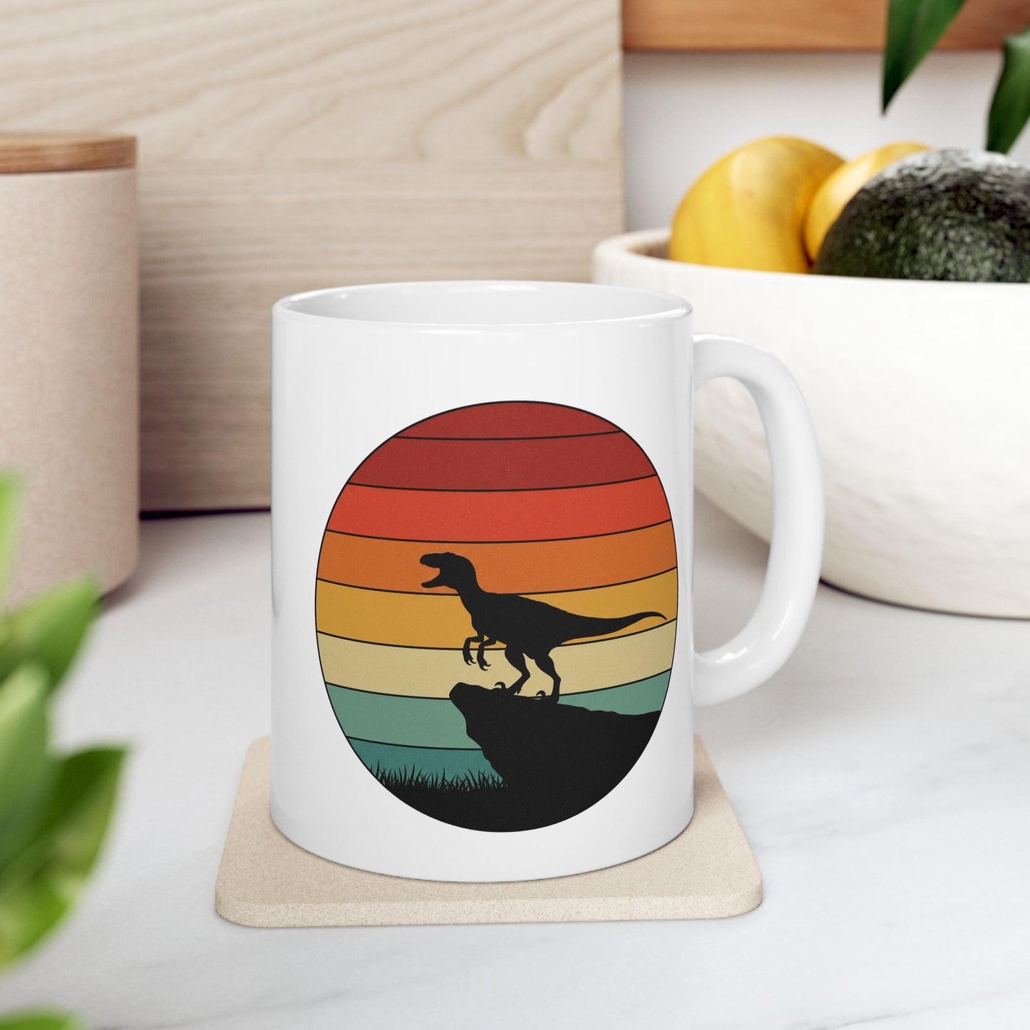 Retro Sunset Dinosaur Mug – Velociraptor Silhouette on Vintage Stripes, Jurassic Coffee Cup, Prehistoric Art Ceramic Mug, Dinosaur Lover Gift