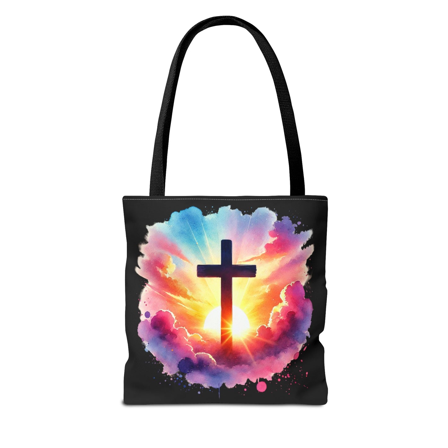 Inspirational Watercolor Sunrise Cross Tote Bag – Faith Art Canvas Tote, Christian Gift, Spiritual Aesthetic, Colorful Bible Verse Tote – Reusable Black Tote