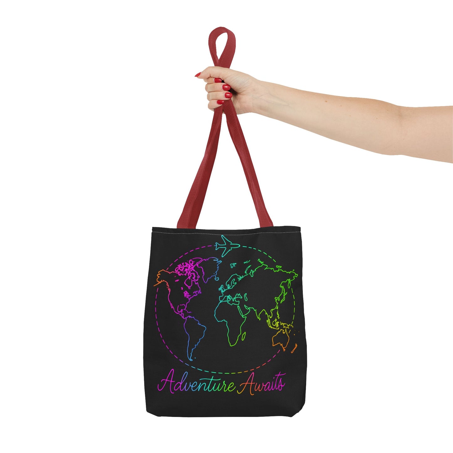 Adventure Awaits Neon Tote Bag - Y2K Rainbow World Map and Plane Travel Tote, Reusable Canvas Tote for Airport, Beach, Market + Gift