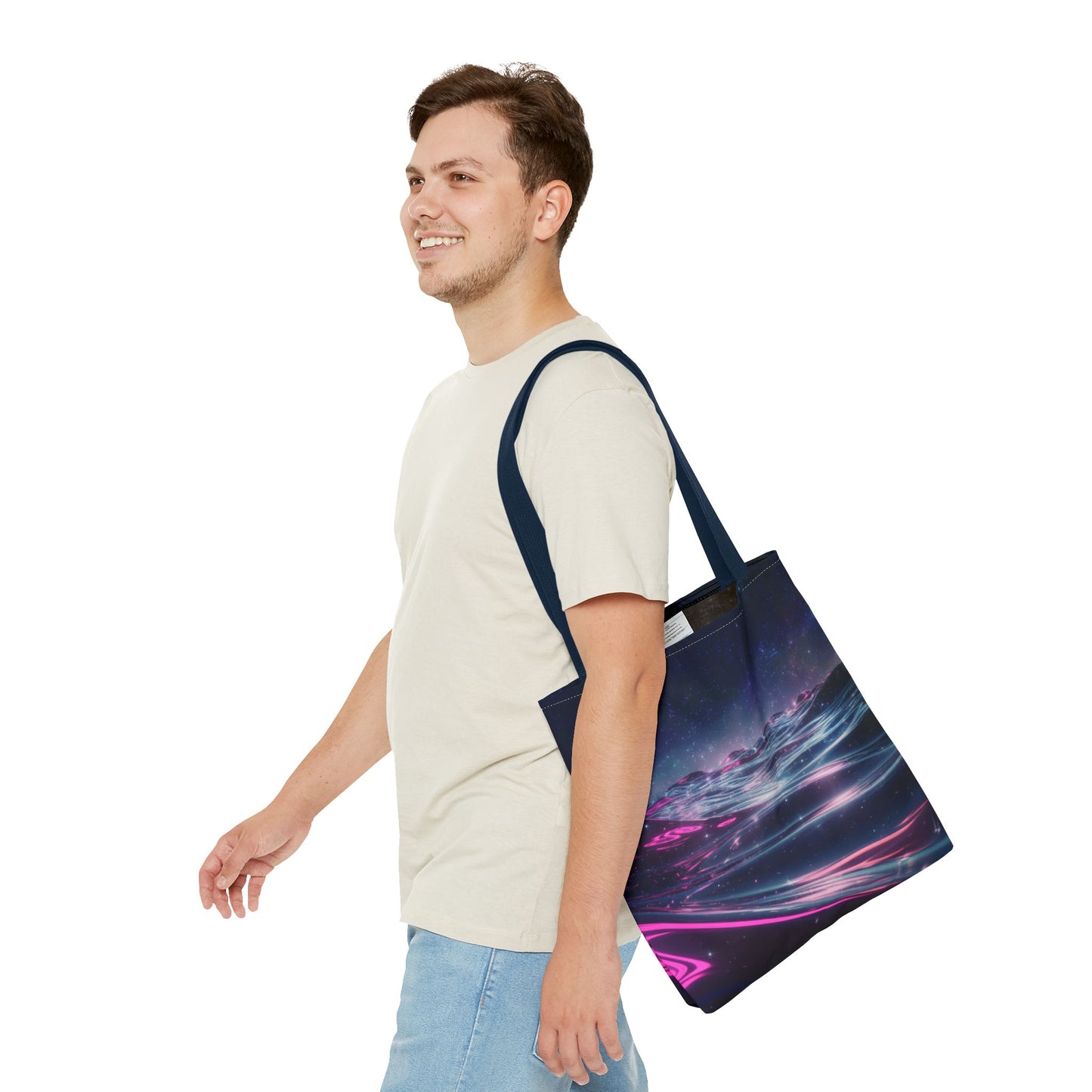 Neon Wave Horizon Tote Bag, Futuristic Ocean Design With Pink And Blue Light, Sci-Fi Aesthetic Reusable Tote For Travel, Gifts, And Everyday Use