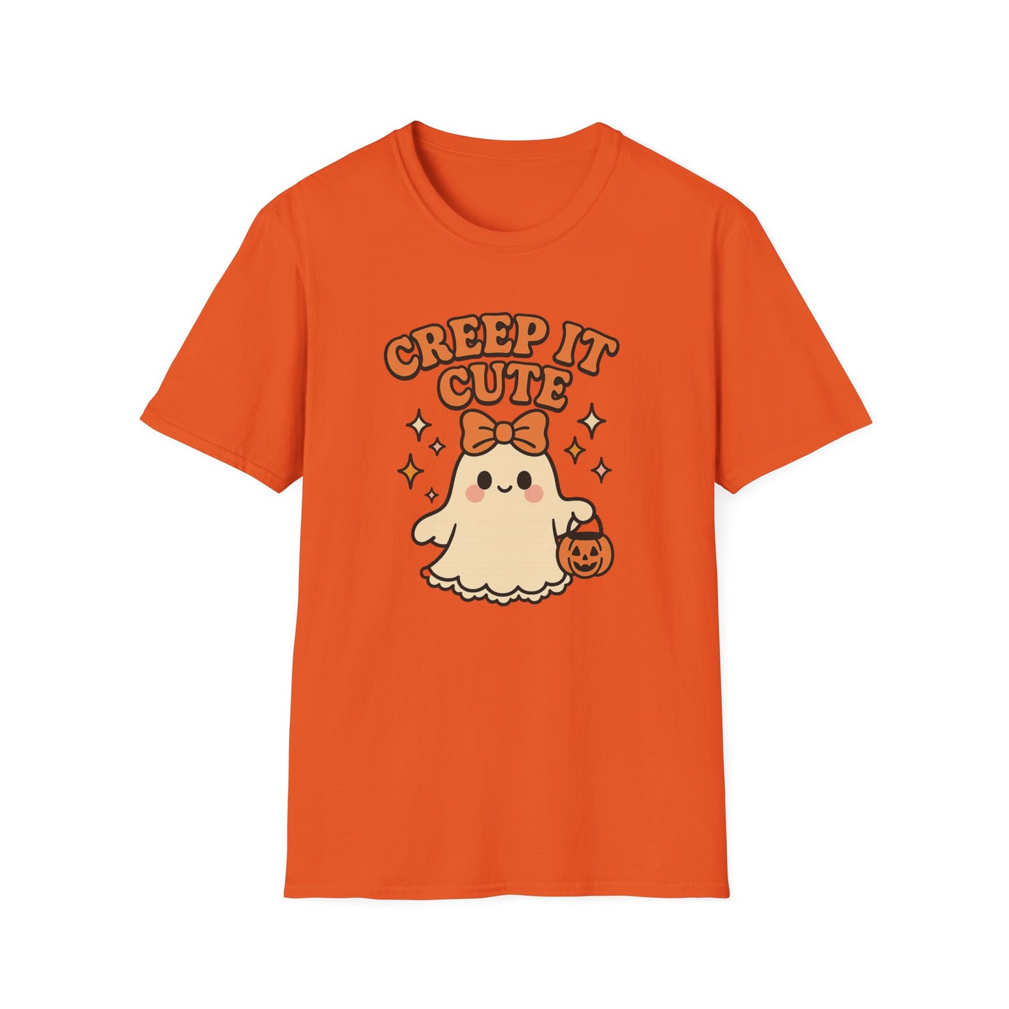 Creep It Cute Ghost Halloween Shirt - Kawaii Ghost Tee with Bow and Pumpkin, Spooky-Cute Fall Graphic T-Shirt, Spooky Season Halloween Top