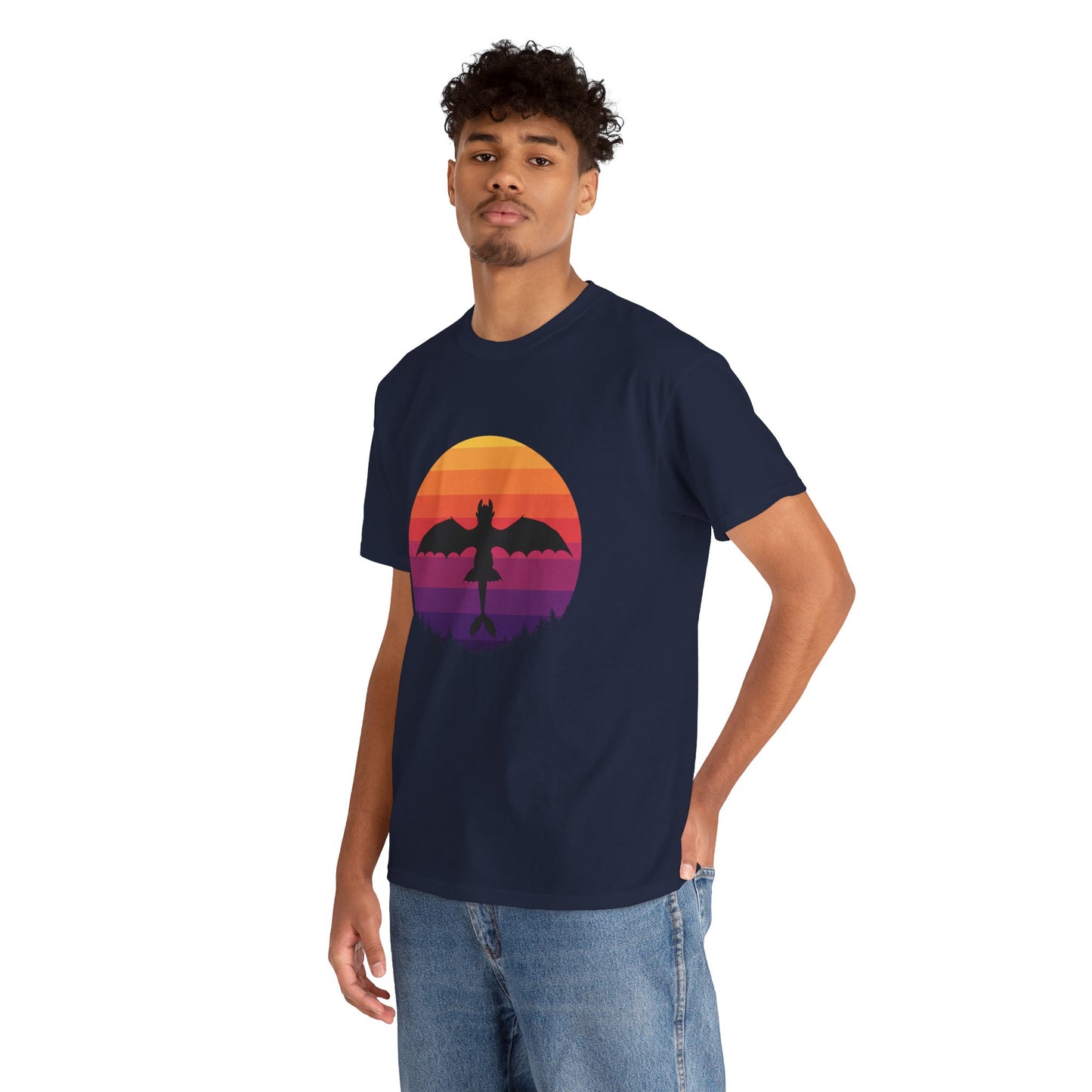 Night Dragon Sunset T-Shirt | Retro Dragon Silhouette Tee | Fantasy Dragon Shirt | Unisex Graphic Tee | Gift for Dragon Lovers