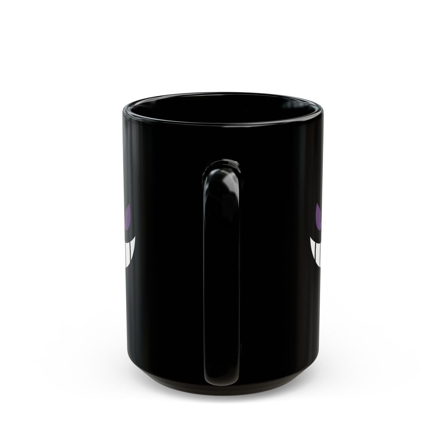 Mischievous Purple Eyes Mug - Black Coffee Cup with Spooky Grin - Cute Yet Creepy Gift for Gamers, Anime Fans, and Coffee Lovers