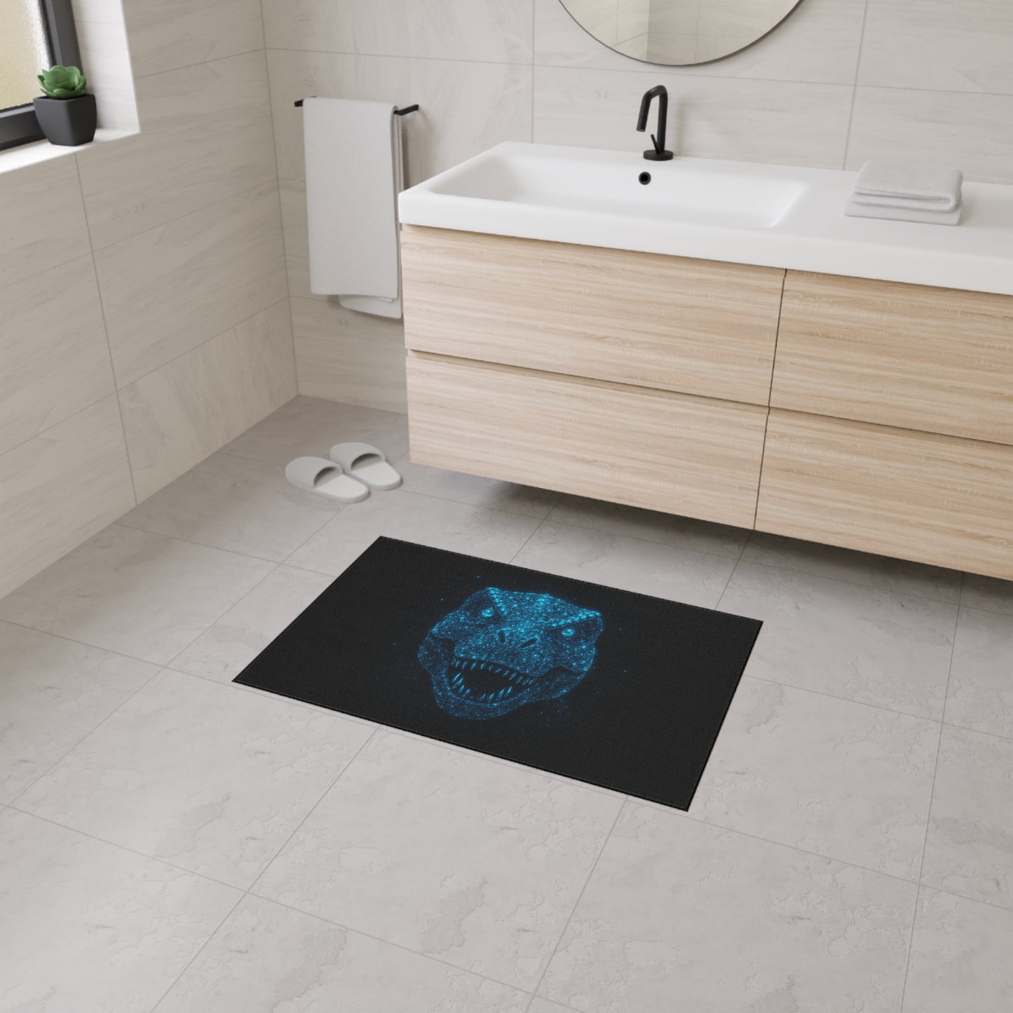 Bioluminescent-Style T-Rex Doormat – Neon Blue Dinosaur Skull Rug, Bold Dinosaur Door Mat, Non-Slip Entryway Rug, Unique Gift for Dino Lovers
