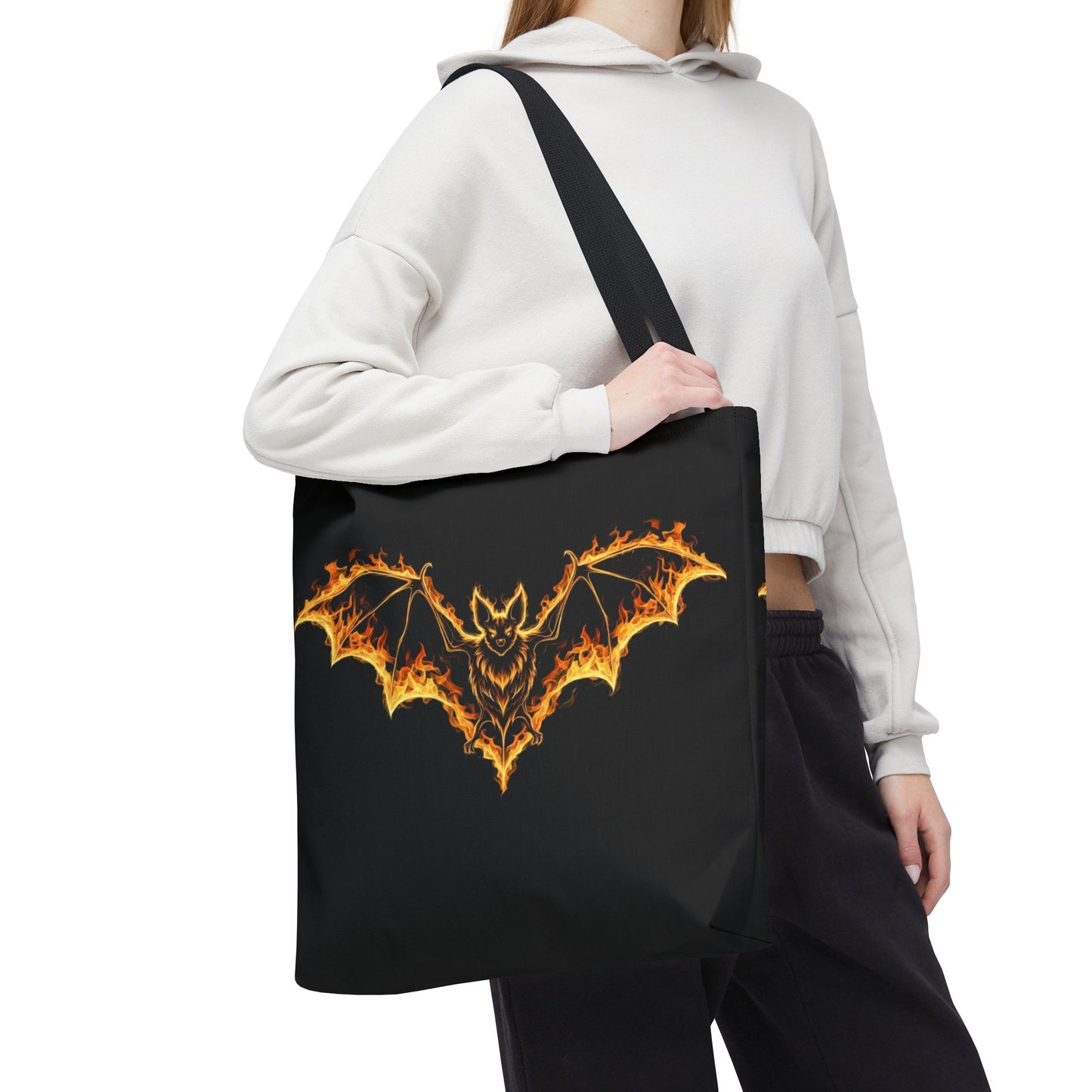 Flaming Bat Tote Bag, Gothic Halloween Canvas Tote, Fiery Wing Bat Design Tote, Spooky Season Accessory, Gothic Gift Tote