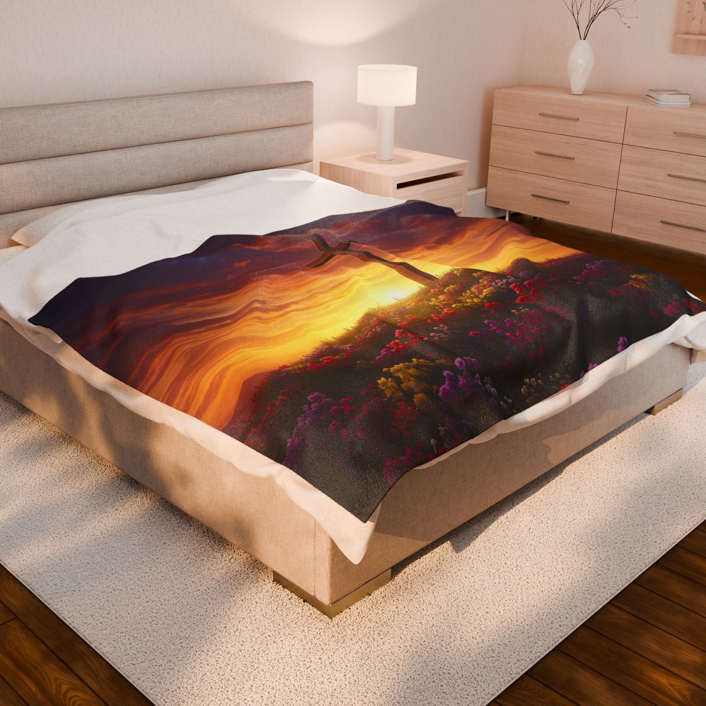 Velveteen Plush Blanket DaVinci Style Cross Hill Painting Christian Blanket Spiritual Decor Religious Throw Gift for Believers