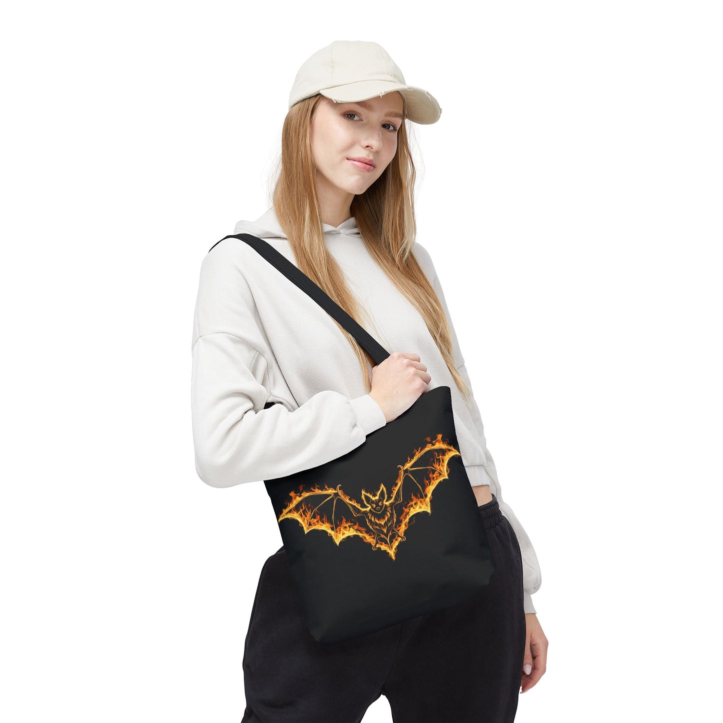 Flaming Bat Tote Bag, Gothic Halloween Canvas Tote, Fiery Wing Bat Design Tote, Spooky Season Accessory, Gothic Gift Tote