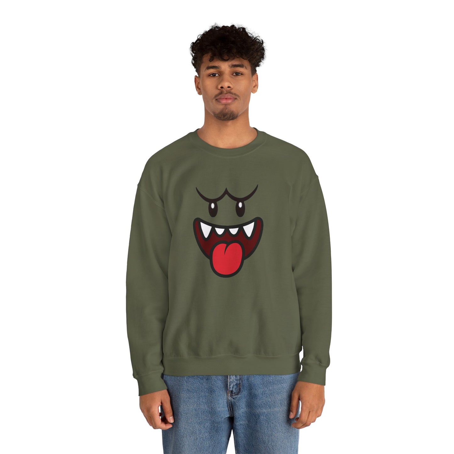 Spooky Grin Sweatshirt, Cartoon Ghost Face Crewneck, Halloween Grinning Ghost Sweatshirt, Cute Monster Smile Pullover, Spooky Season Graphic Sweat