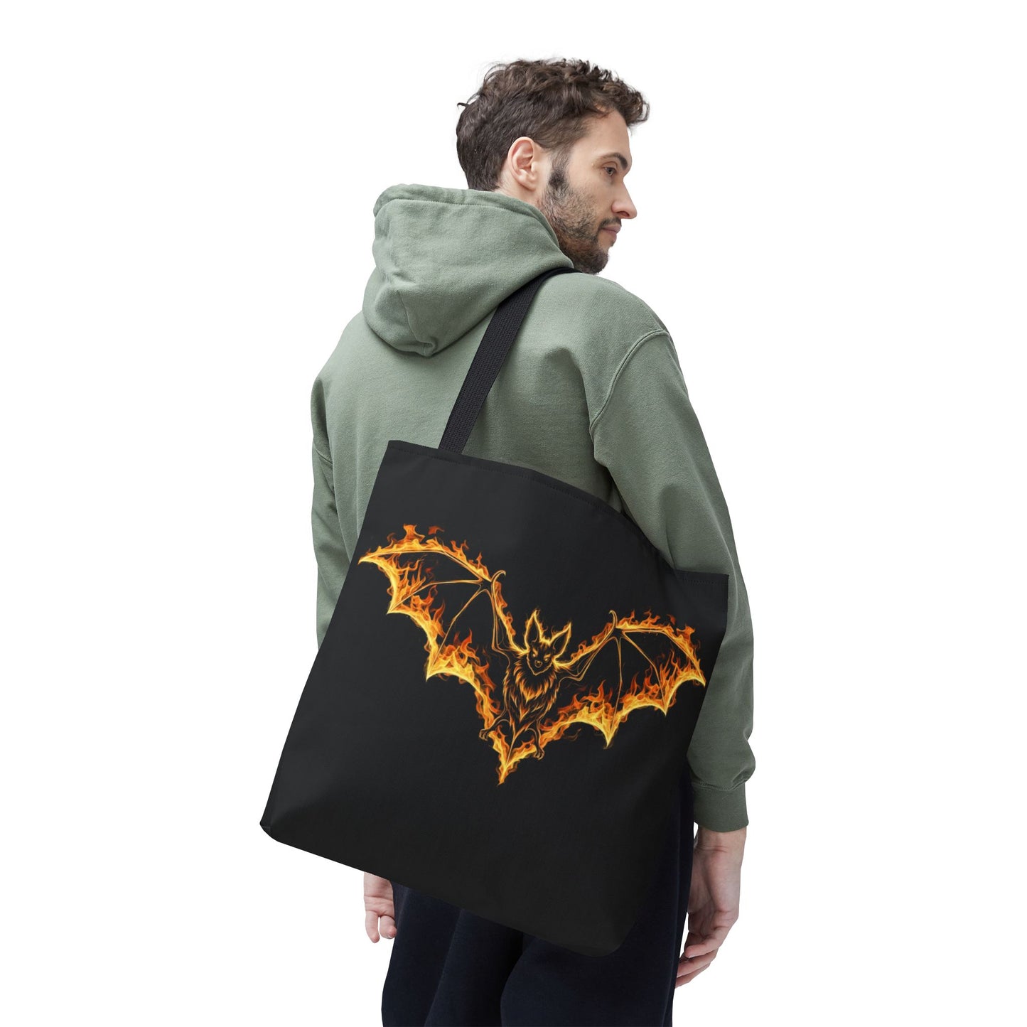 Flaming Bat Tote Bag, Gothic Halloween Canvas Tote, Fiery Wing Bat Design Tote, Spooky Season Accessory, Gothic Gift Tote