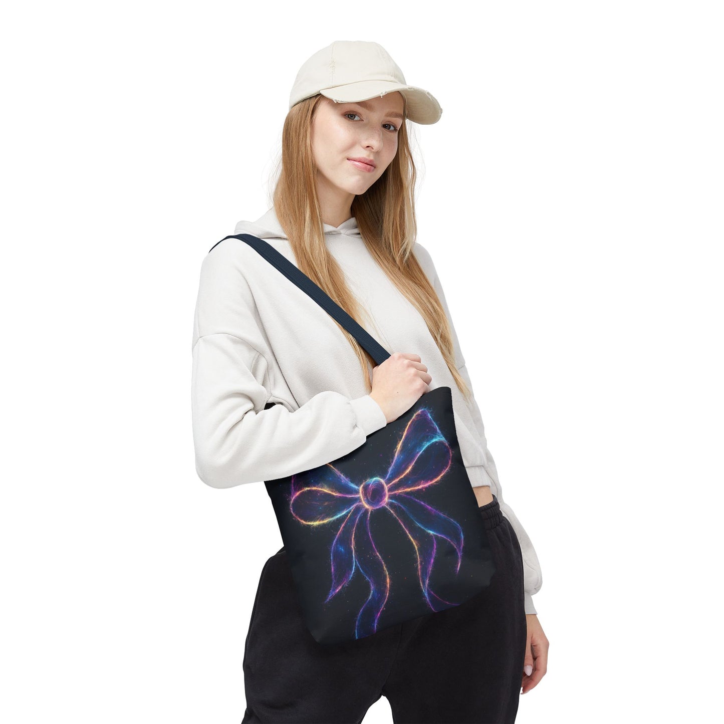 Galaxy Glow Bow Tote Bag, Cosmic Neon Ribbon Design, Black Space Art Bag, Celestial Gift For Her, Stylish Reusable Everyday Tote