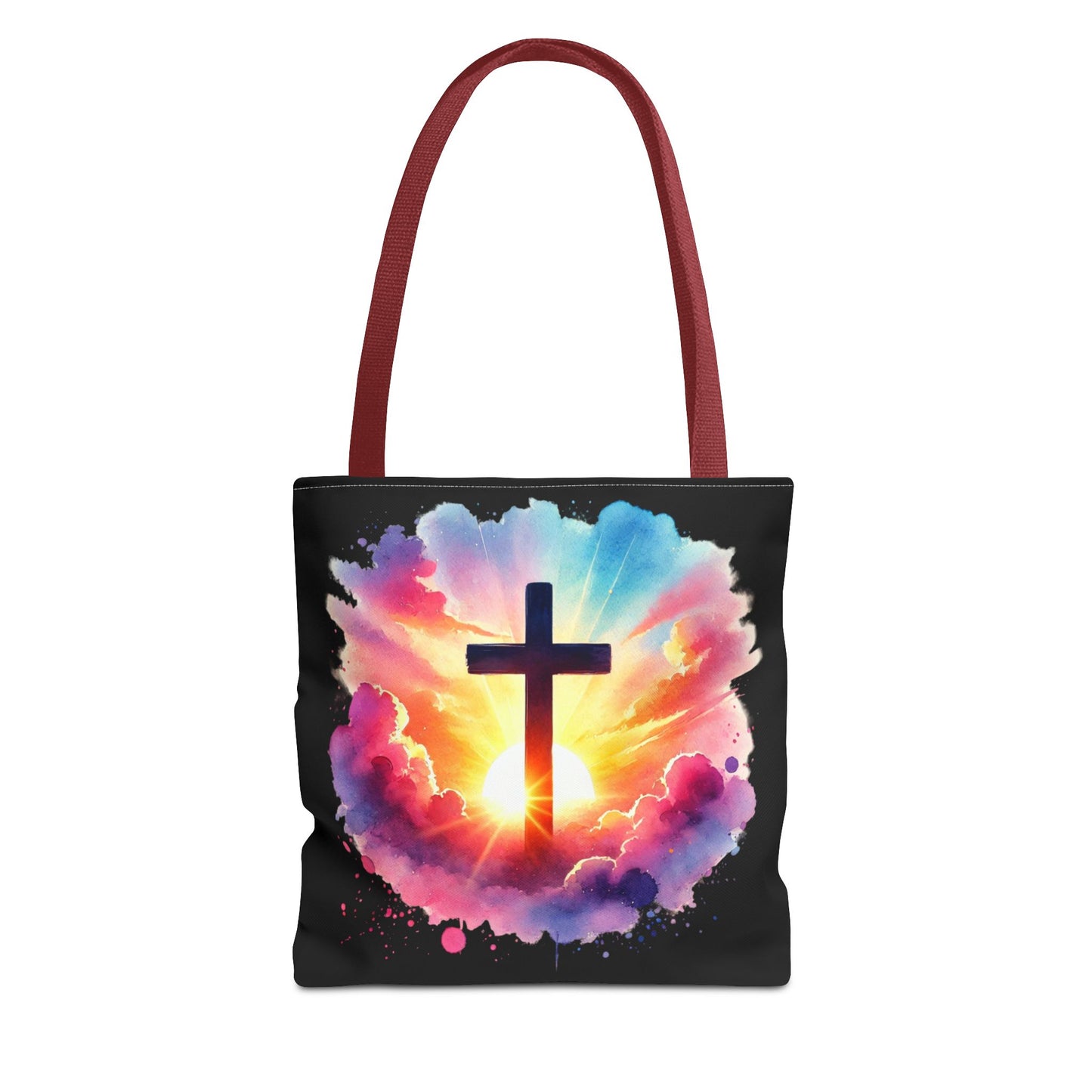 Inspirational Watercolor Sunrise Cross Tote Bag – Faith Art Canvas Tote, Christian Gift, Spiritual Aesthetic, Colorful Bible Verse Tote – Reusable Black Tote
