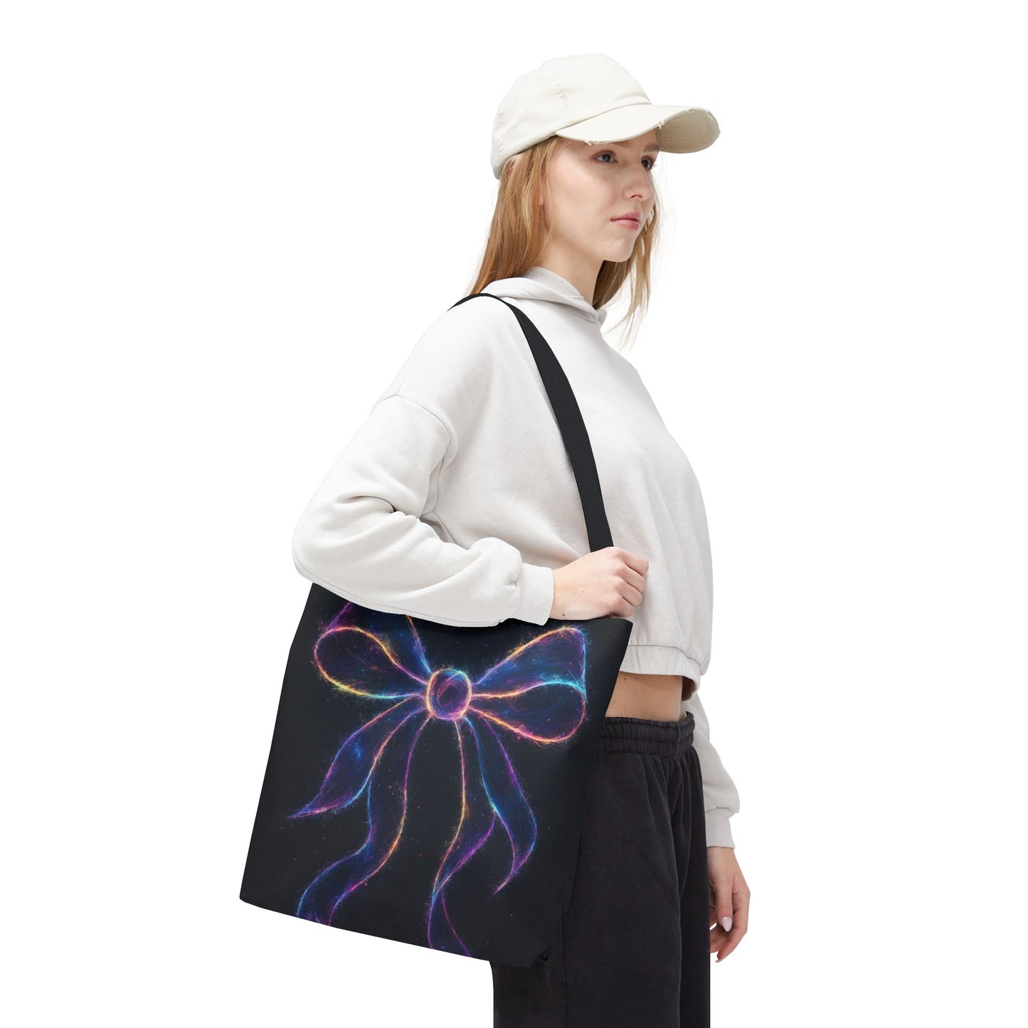 Galaxy Glow Bow Tote Bag, Cosmic Neon Ribbon Design, Black Space Art Bag, Celestial Gift For Her, Stylish Reusable Everyday Tote