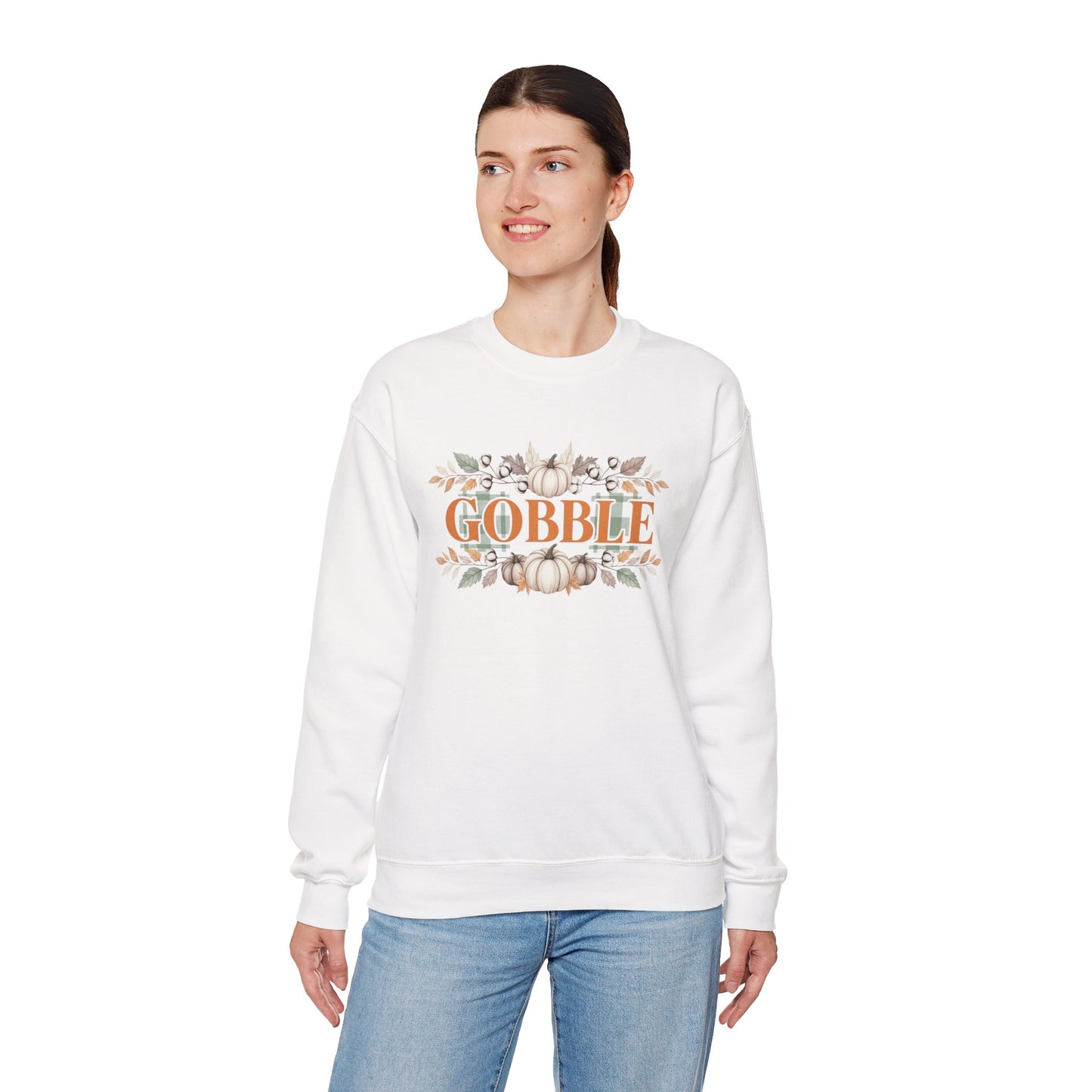 Gobble Thanksgiving Sweatshirt, Neutral Fall Pumpkin Crewneck, Autumn Cotton Stems Leaves Pullover, Cozy Rustic Thanksgiving Top