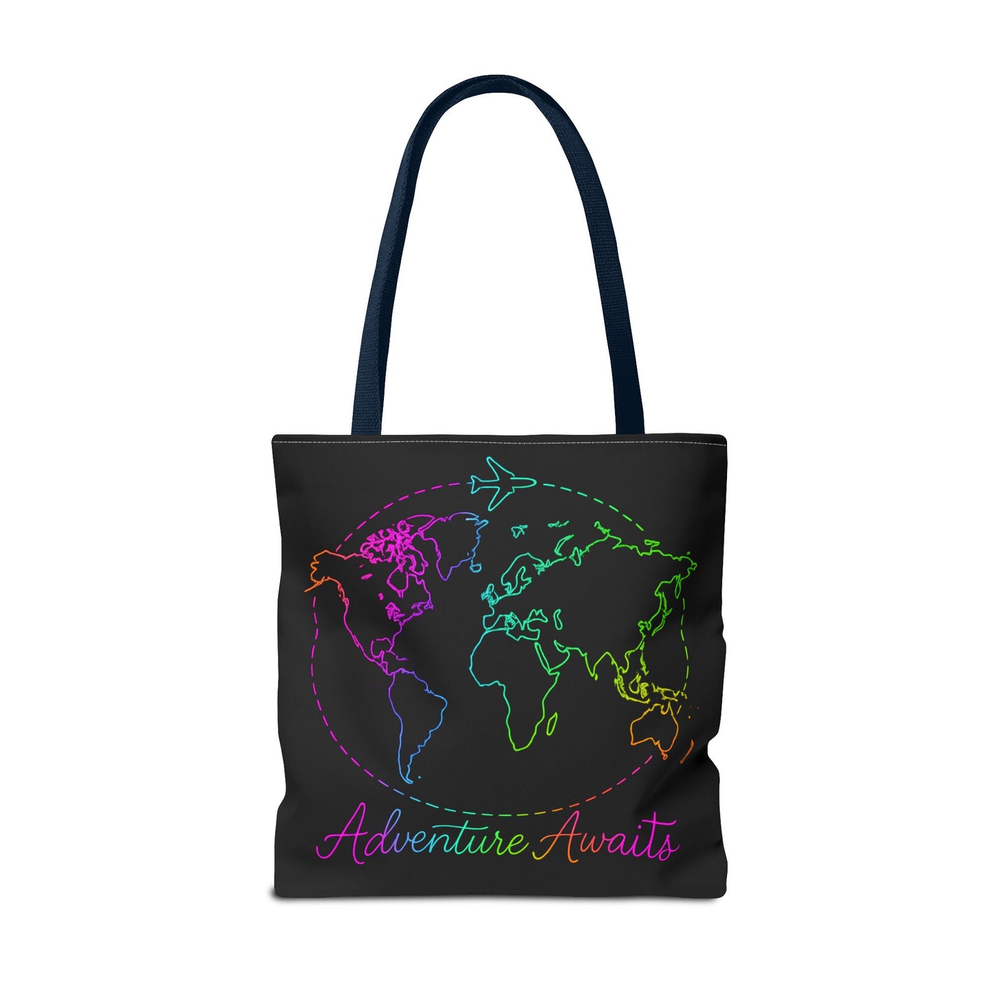 Adventure Awaits Neon Tote Bag - Y2K Rainbow World Map and Plane Travel Tote, Reusable Canvas Tote for Airport, Beach, Market + Gift