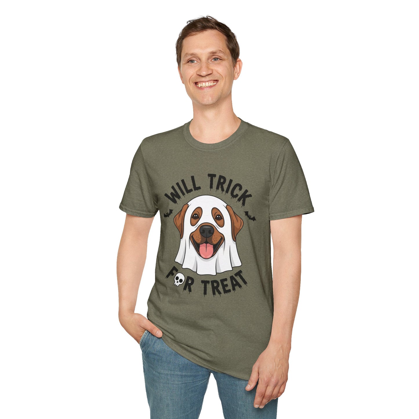Will Trick for Treat Ghost Dog Halloween T-Shirt | Funny Spooky Dog Tee | Trick or Treat Pup Graphic Tee | Cute Fall Gift for Dog Lovers