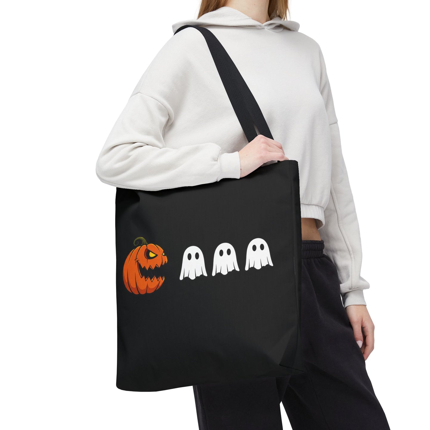Halloween pumpkin ghost tote bag, spooky trick or treat canvas bag, ghost pumpkin design reusable tote, spooky season gift tote