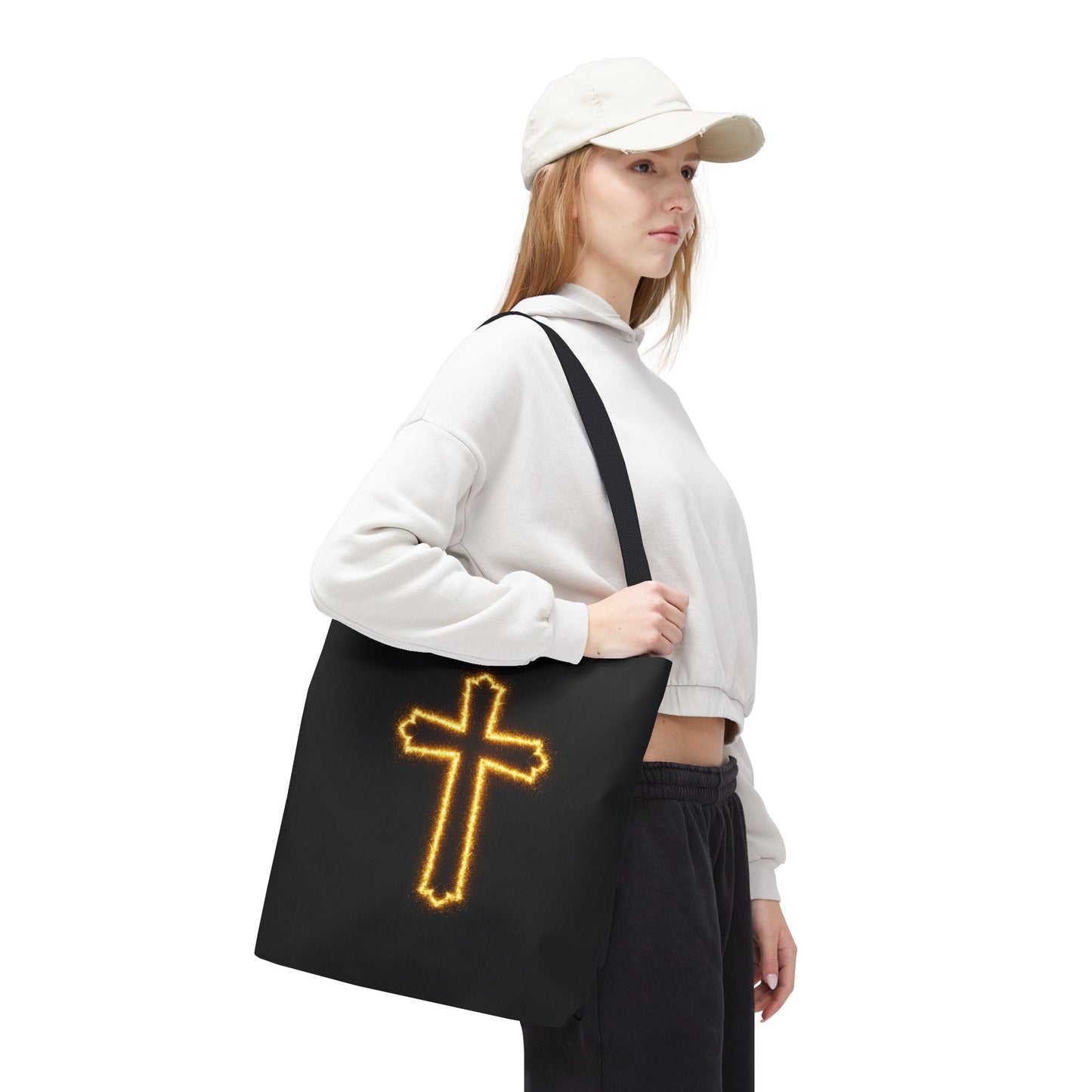 Christian Cross Tote Bag | Glowing Light Faith Bag | Inspirational Religious Gift | Black Canvas Tote | Spiritual Reusable Shopper