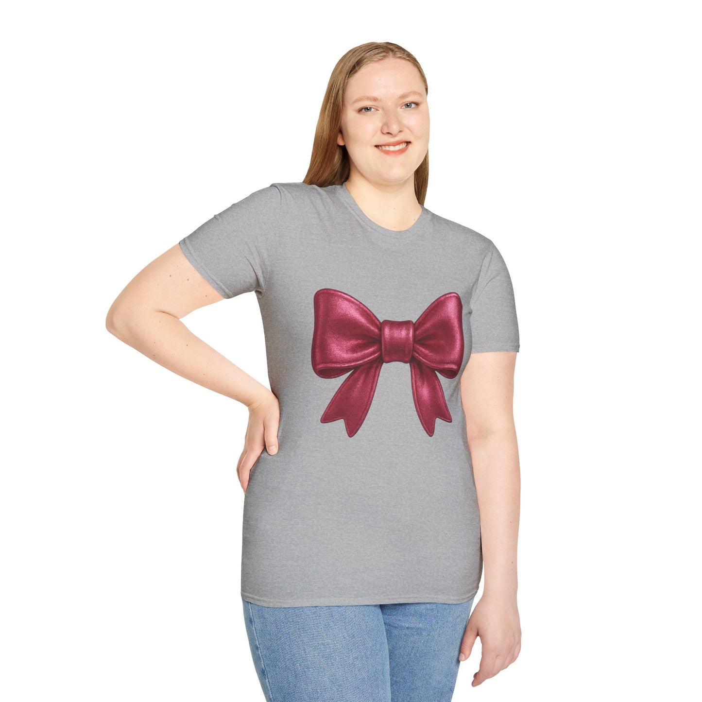 Metallic Burgundy Bow T-Shirt π | Elegant Cute Graphic Tee | Unisex Softstyle Shirt | Gift for Her, Aesthetic Outfit, Celebration Wear