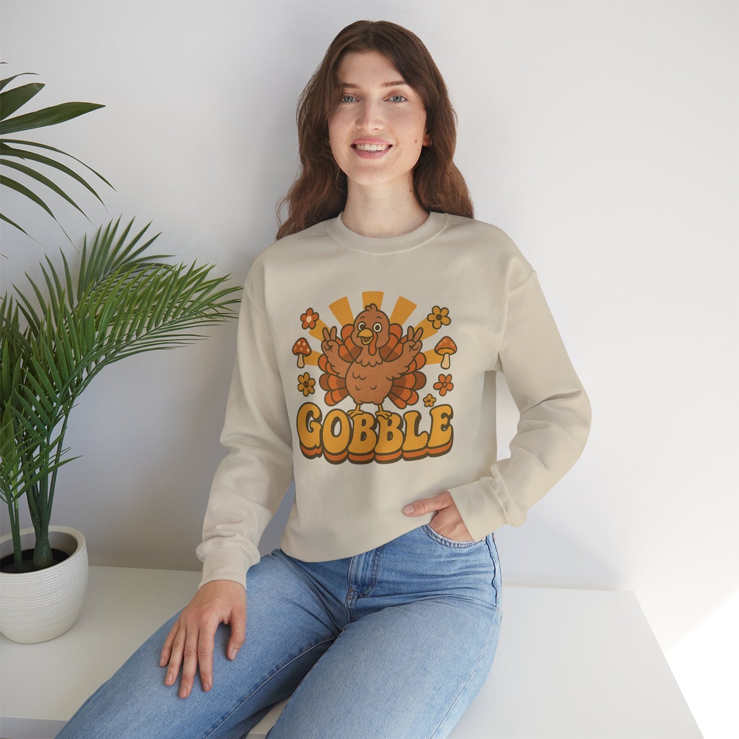 Gobble Turkey Sweatshirt, Retro Fall Turkey Crewneck, Thanksgiving Graphic Pullover, Autumn Mushroom & Flower Design, Cozy Fall Top
