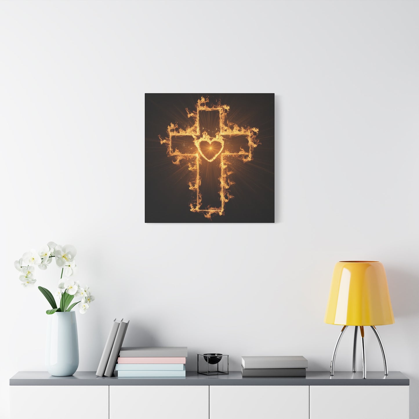Flaming Heart and Cross Christian Wall Art Canvas