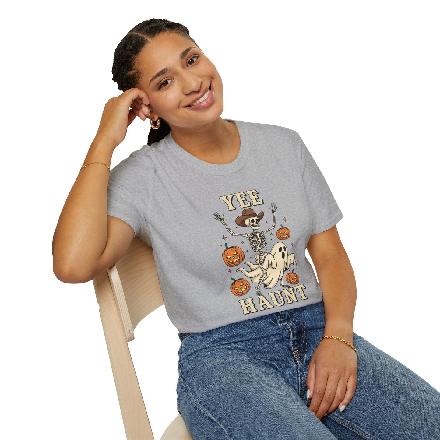 Yee Haunt Skeleton Cowboy Ghost Halloween Shirt - Spooky Western Dancing Skeleton Tee, Pumpkin Haunted Ghost Cowboy Top Fall Graphic Tee