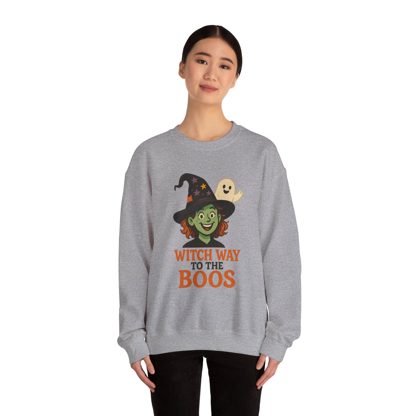 Witch Way To The Boos Sweatshirt, Funny Witch Halloween Crewneck, Witchy Ghost Sweatshirt, Spooky Season Graphic Pullover, Lighthearted Halloween Wear