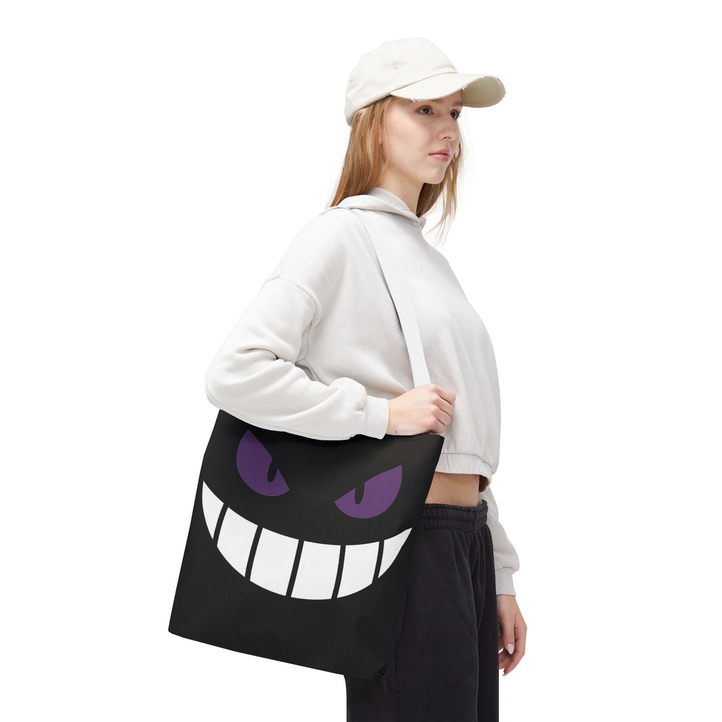 Evil Grin Tote Bag, Spooky Purple Eyes Reusable Shopping Bag, Creepy Cute Halloween Tote, Gothic Horror Canvas Bag, Gamer Room Accessory