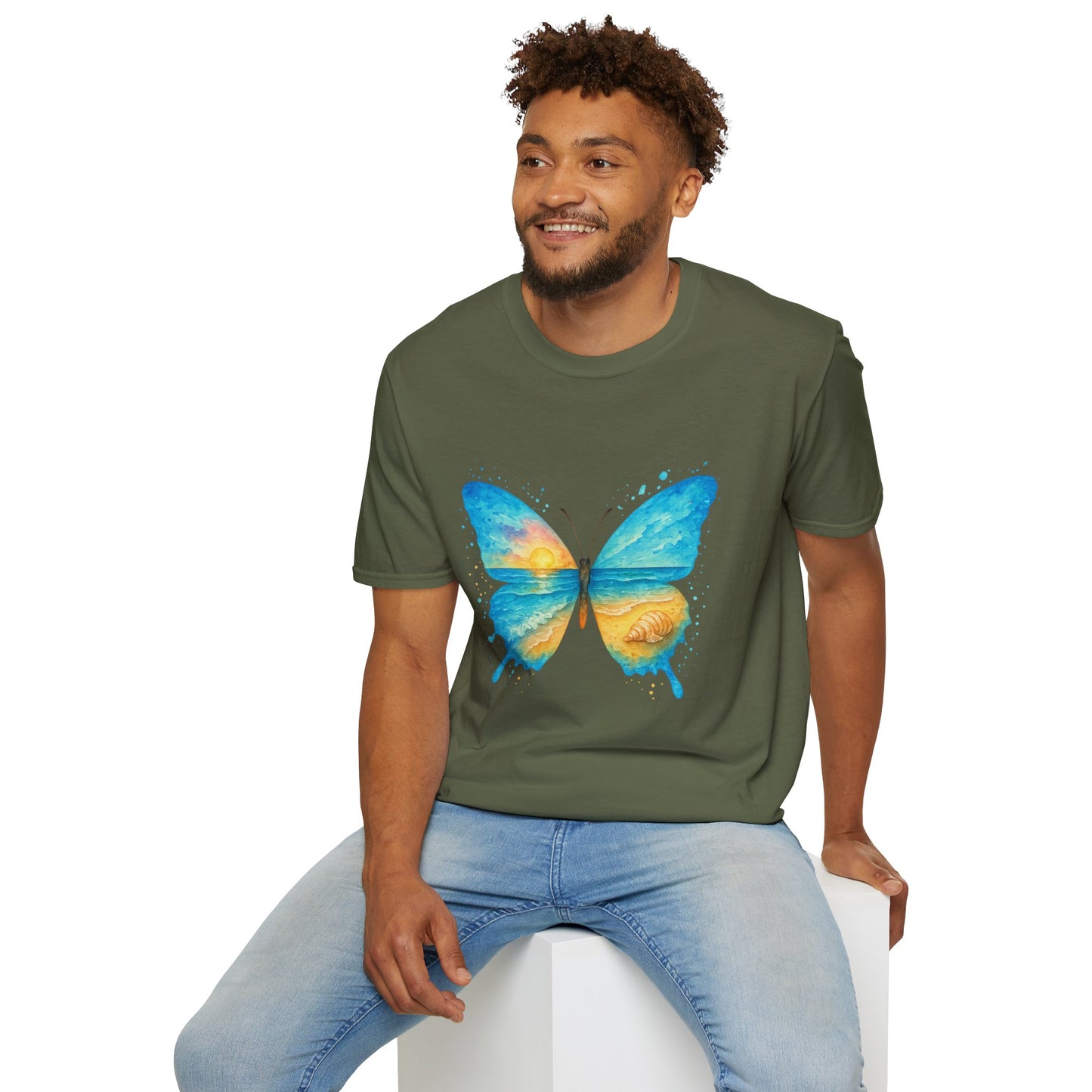 Butterfly Sunset Beach Tee - Scenic Butterfly Graphic Shirt, Nature Lover Gift, Boho Ocean Tee, Unisex Casual T-Shirt
