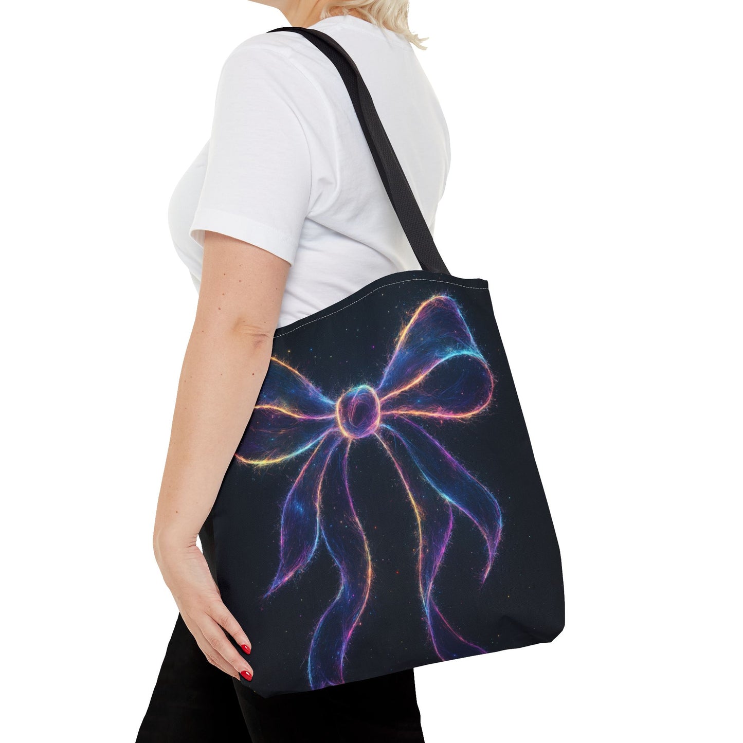 Galaxy Glow Bow Tote Bag, Cosmic Neon Ribbon Design, Black Space Art Bag, Celestial Gift For Her, Stylish Reusable Everyday Tote