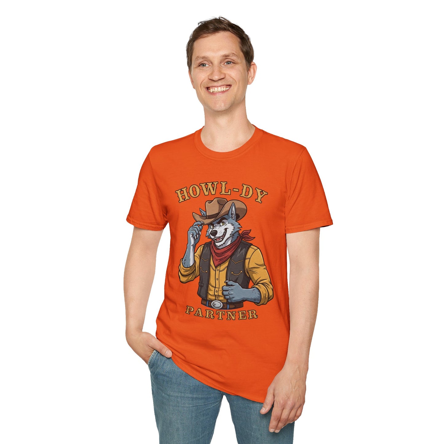 Howl-dy Partner Wolf Cowboy T-Shirt | Western Howling Wolf Graphic Tee, Funny Animal Shirt, Cowboy Gifts, Rustic Country Tee