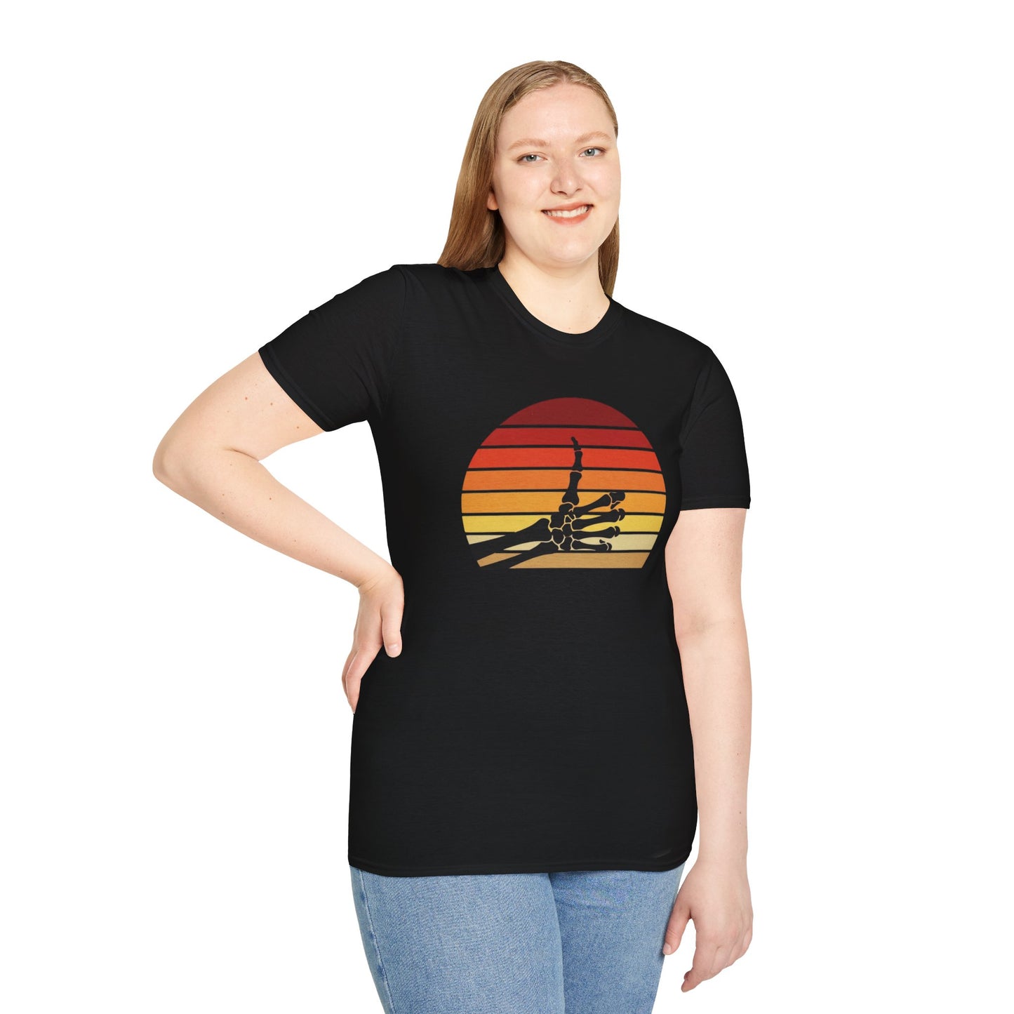 Skeleton Hand Rock On Shirt - Retro Sunset Halloween T-Shirt, Spooky Skeleton Finger Tee, Vintage 70s Style Goth Shirt, Unisex Sizes