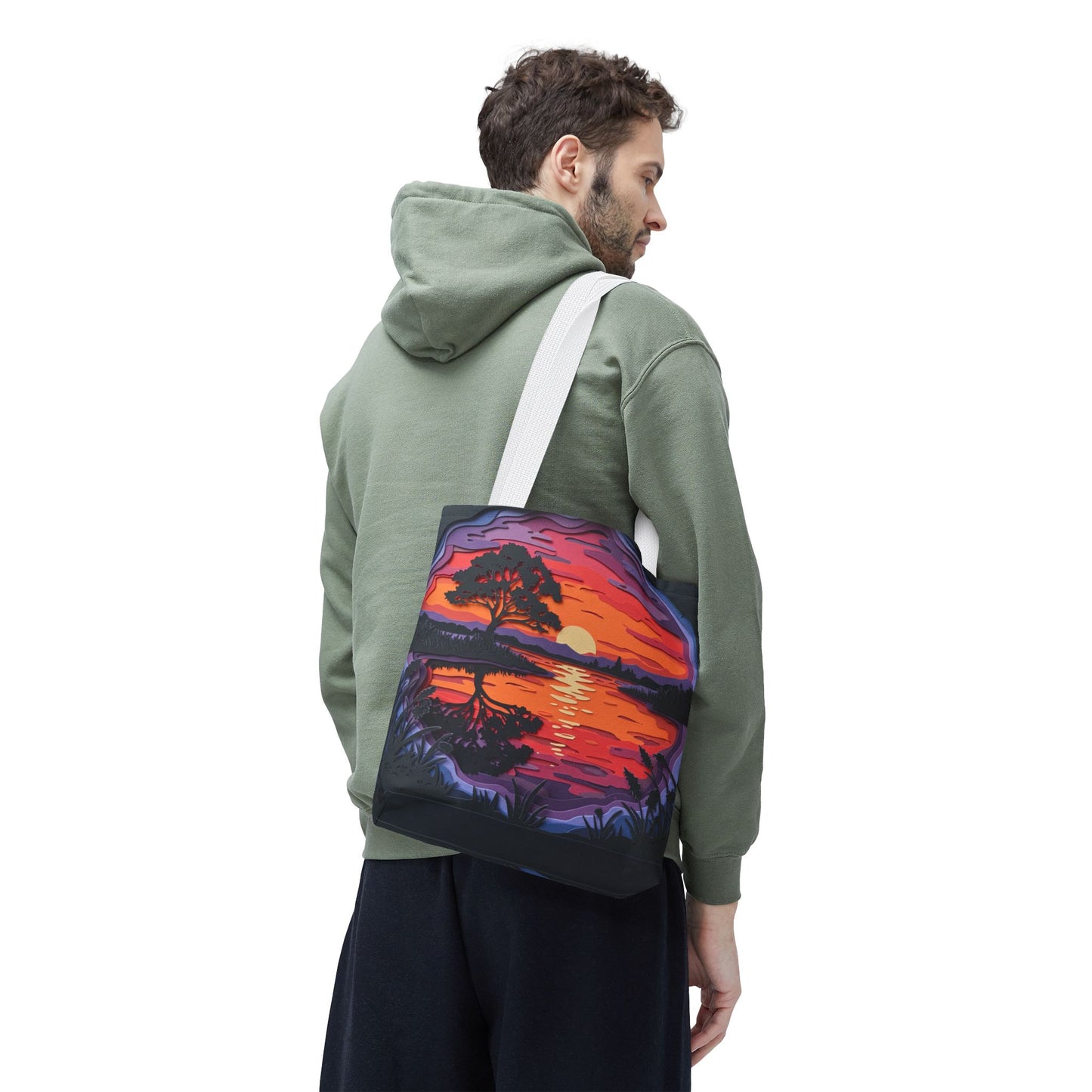 Sunset Landscape Canvas Tote Bag – Paper‑Art Inspired Nature Scene Tote – Colorful Sunset Market Tote, Eco Reusable Beach Bag, Vibrant Gift for Her