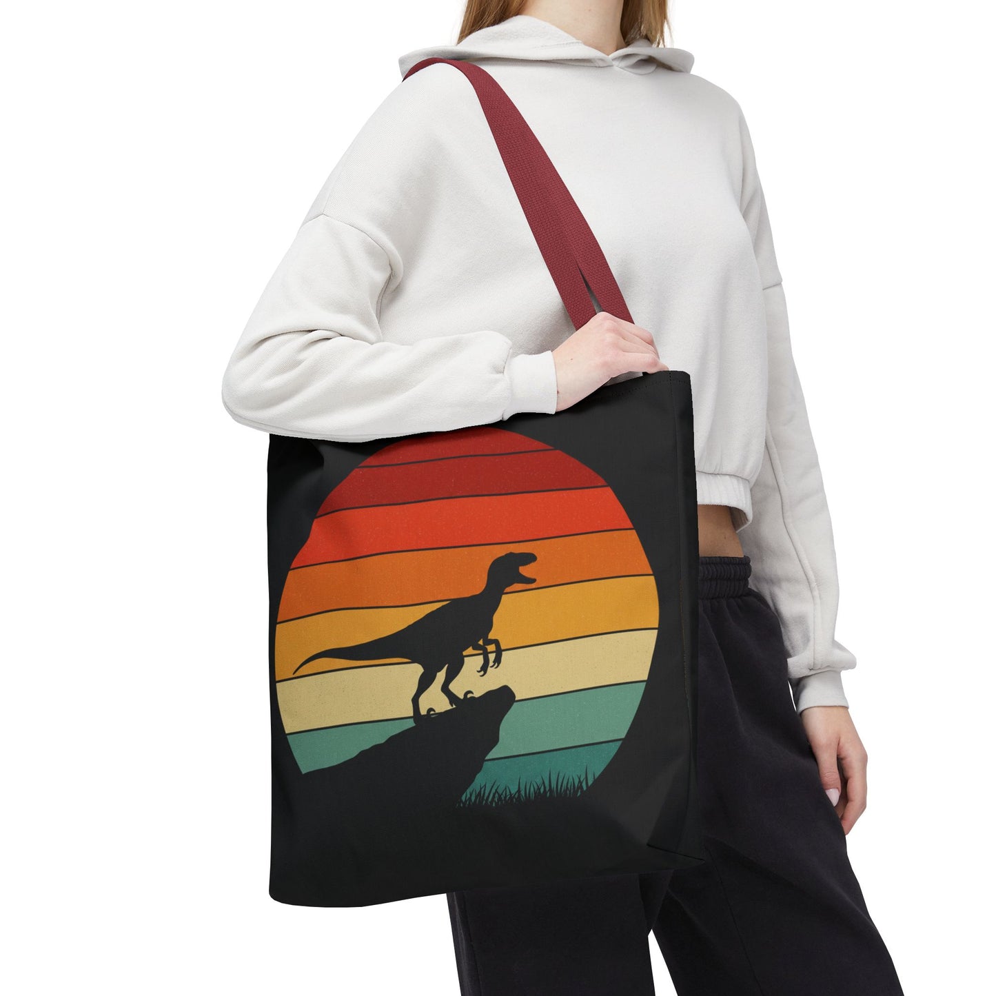 Retro Dino Sunset Tote Bag - Eco Canvas Dinosaur Beach Bag | Sustainable and Stylish Camping, Dino Lover Gift, Reusable Market Tote