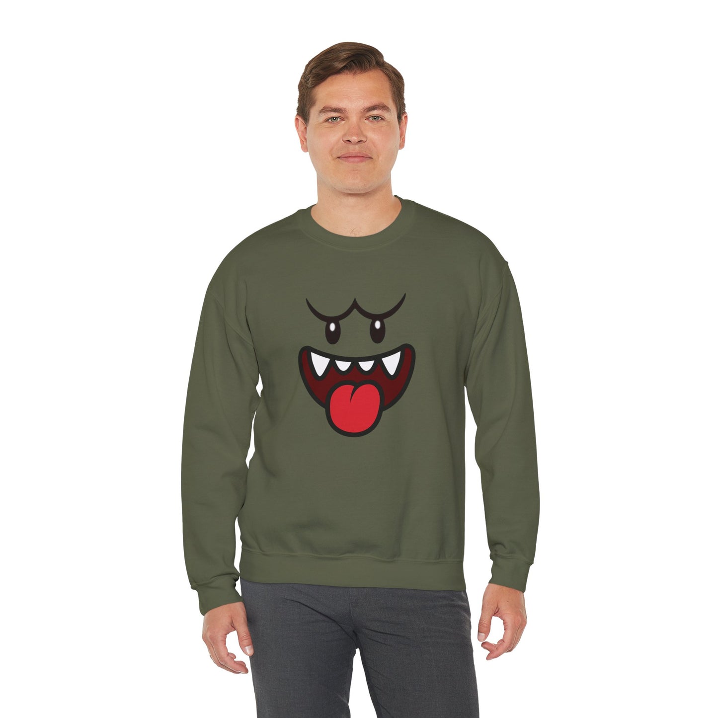 Spooky Grin Sweatshirt, Cartoon Ghost Face Crewneck, Halloween Grinning Ghost Sweatshirt, Cute Monster Smile Pullover, Spooky Season Graphic Sweat
