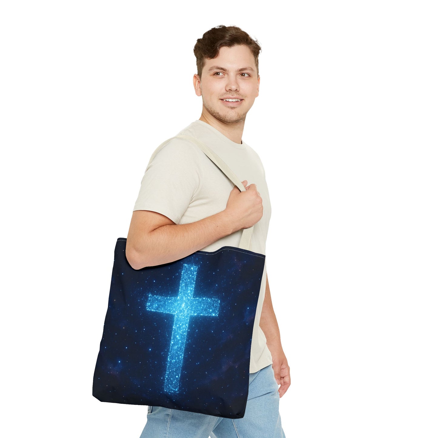 Sparkling Cross Tote Bag - Inspirational Blue Cosmic Bag Christian Tote Spiritual Bag Inspirational Tote Bag