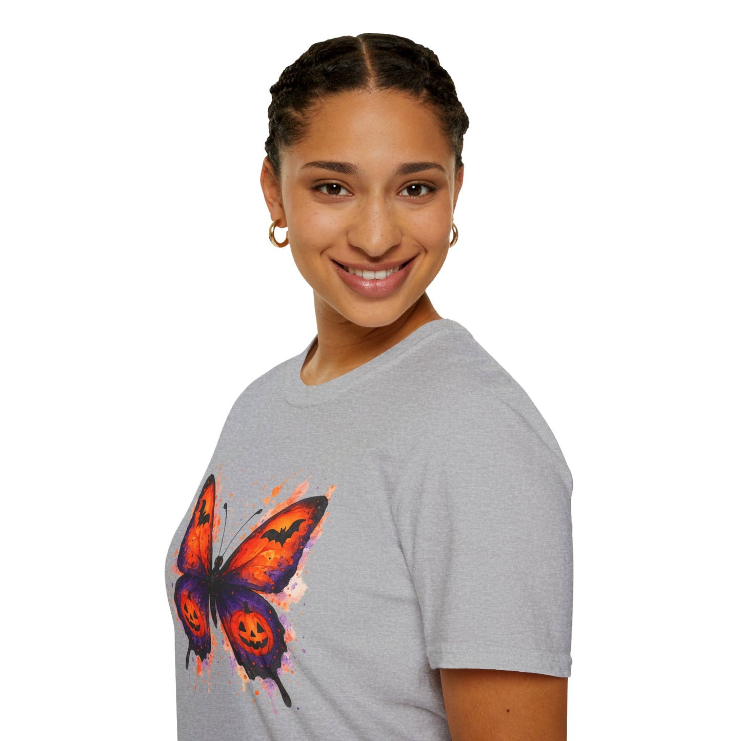 Halloween Watercolor Butterfly T-Shirt - Pumpkin Butterfly Tee, Spooky Butterfly Shirt, Bat and Jack-O'Lantern Wings, Fall Aesthetic Tee