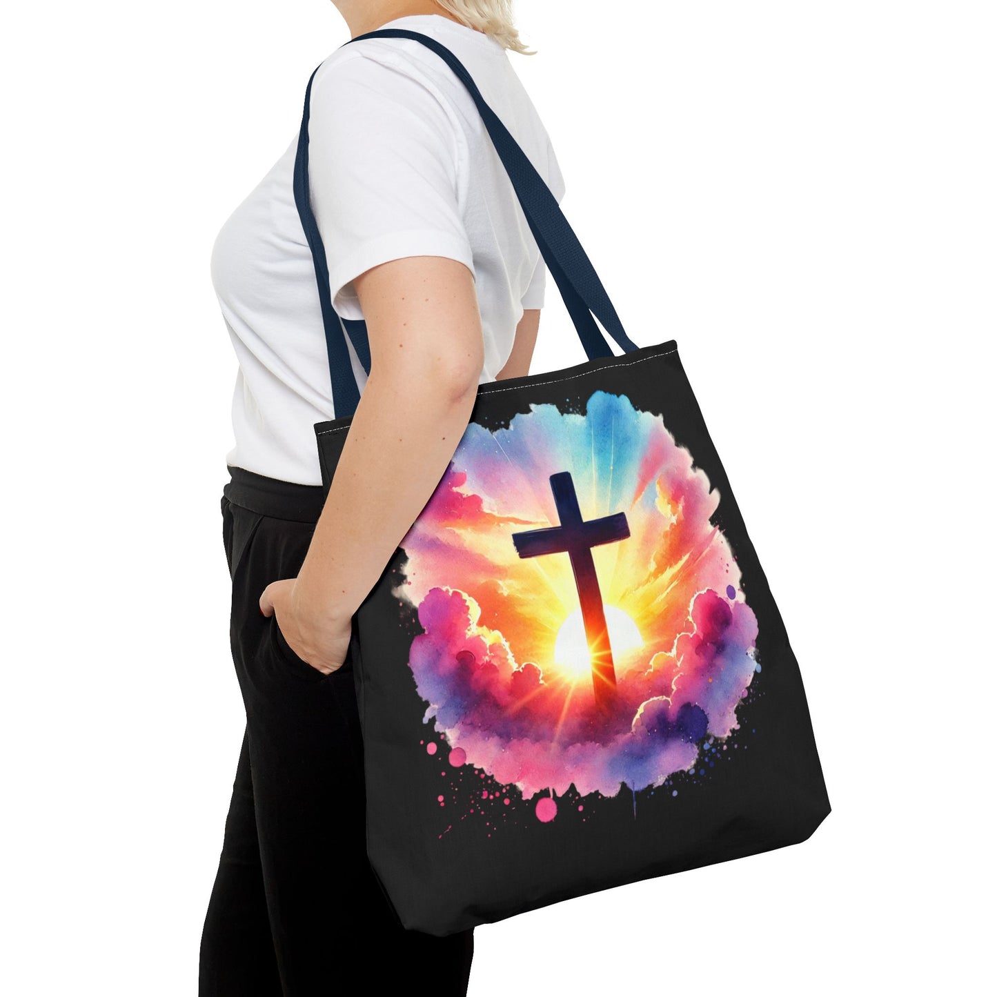 Inspirational Watercolor Sunrise Cross Tote Bag – Faith Art Canvas Tote, Christian Gift, Spiritual Aesthetic, Colorful Bible Verse Tote – Reusable Black Tote