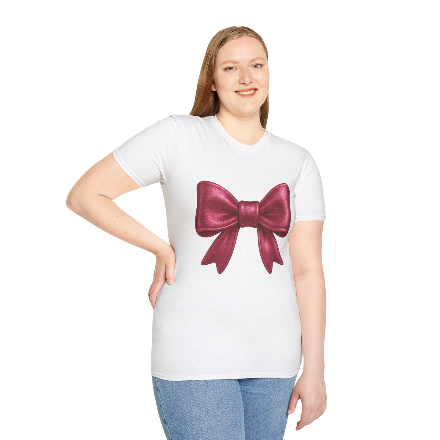 Metallic Burgundy Bow T-Shirt π | Elegant Cute Graphic Tee | Unisex Softstyle Shirt | Gift for Her, Aesthetic Outfit, Celebration Wear
