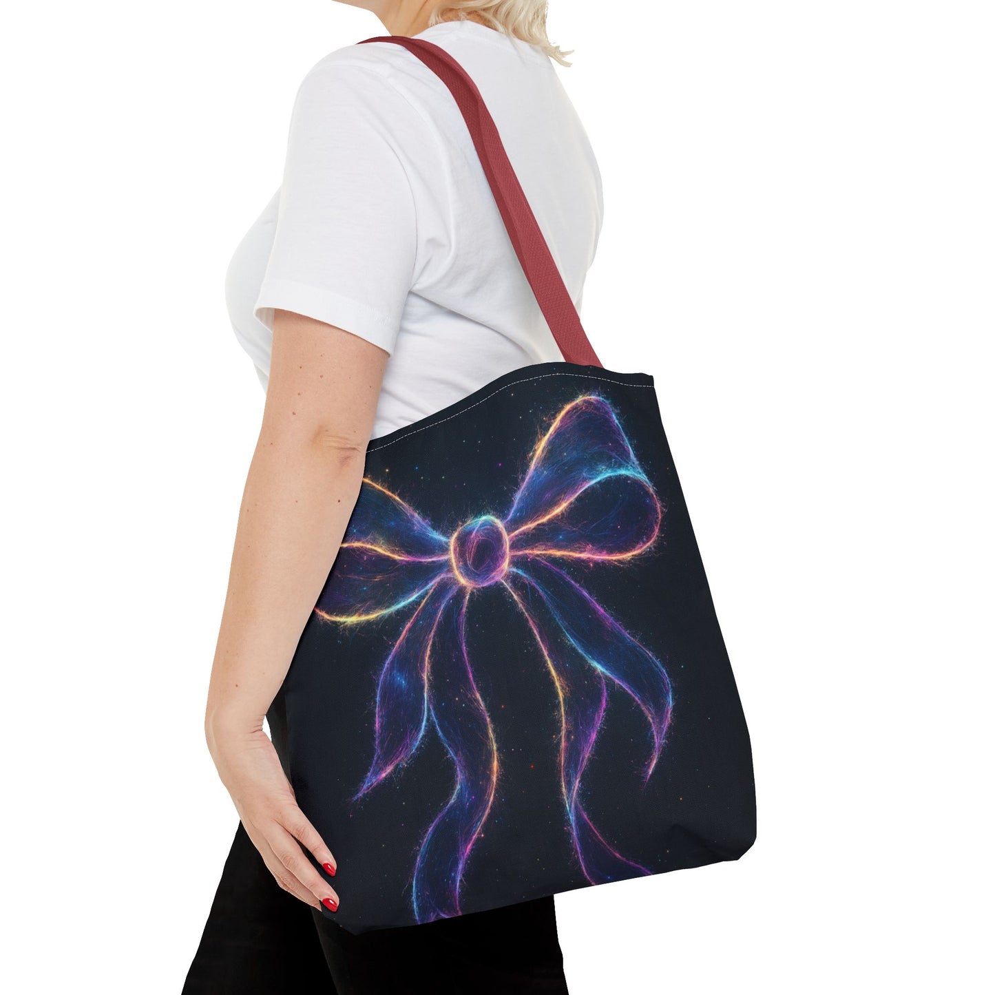 Galaxy Glow Bow Tote Bag, Cosmic Neon Ribbon Design, Black Space Art Bag, Celestial Gift For Her, Stylish Reusable Everyday Tote