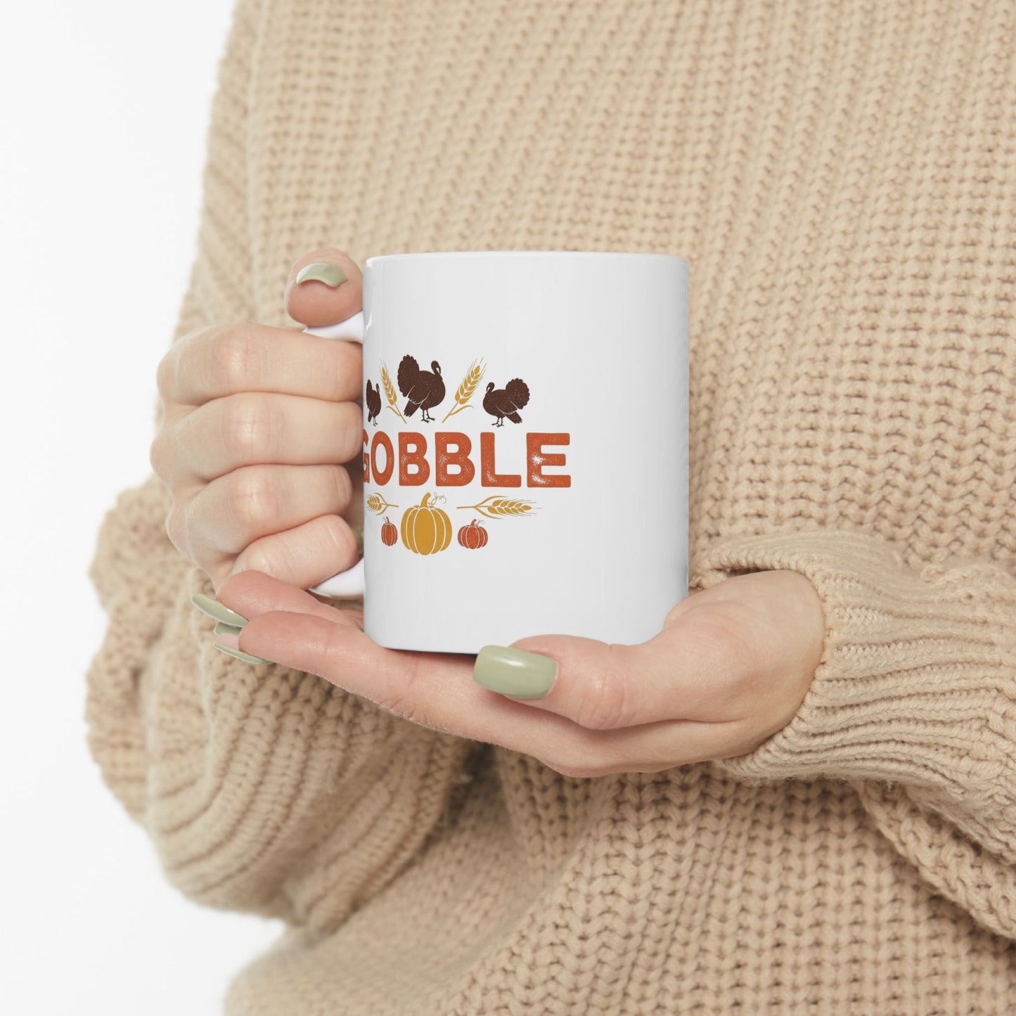 Gobble Thanksgiving Mug, Fall Turkey Coffee Cup With Pumpkins And Harvest Design, Festive Autumn Ceramic Mug For Holiday Decor And Gifts