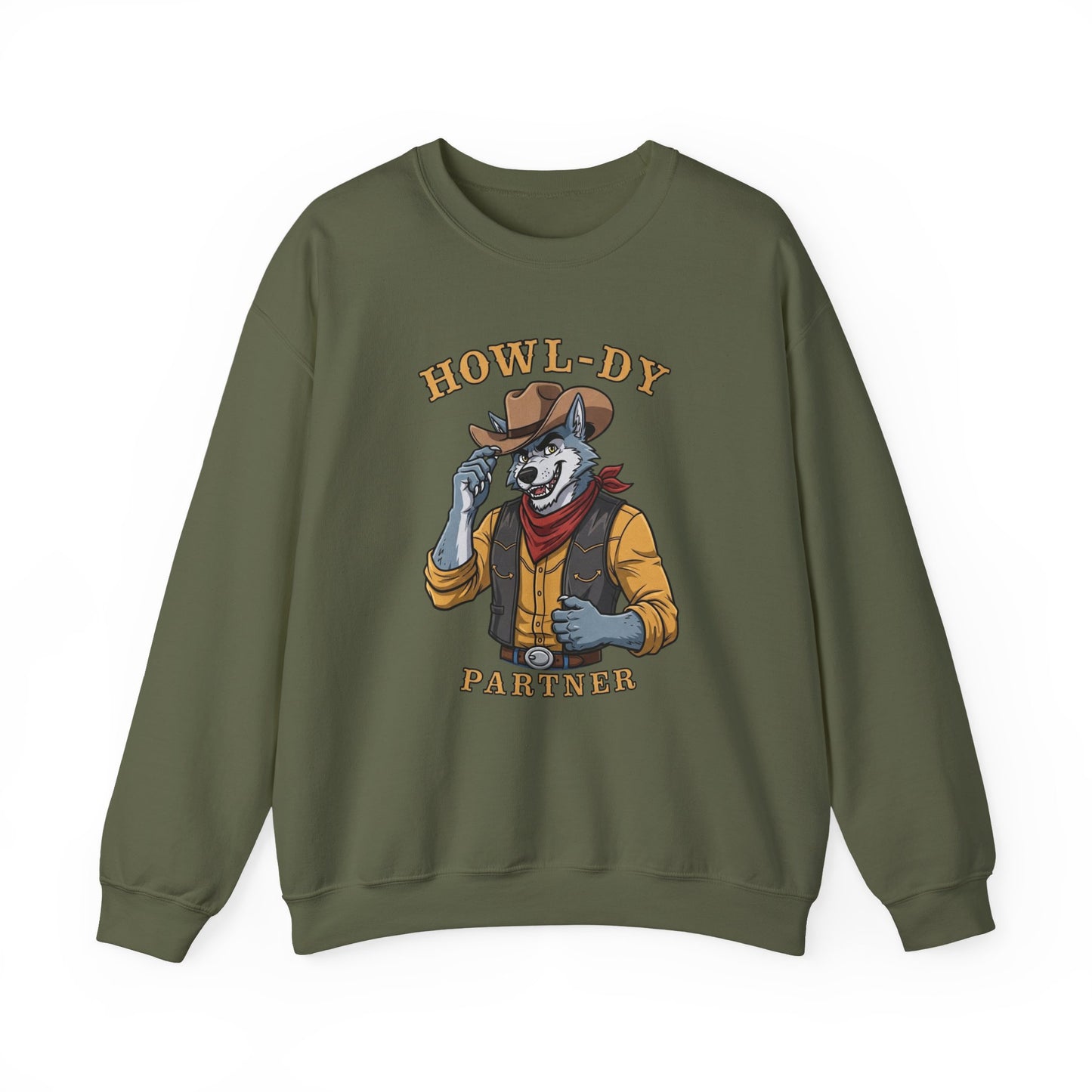 Howl-dy Partner Wolf Sweatshirt, Cowboy Werewolf Halloween Crewneck, Western Spooky Graphic Pullover for Animal Lover Gift Sweatshirt