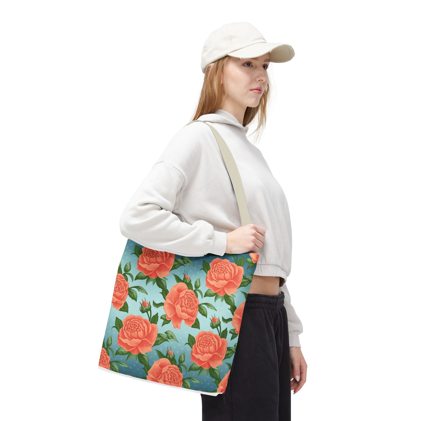 Vintage Floral Tote Bag – Coral Rose Pattern on Blue Background – Aesthetic Everyday Carry Bag – Reusable Fabric Market Tote Gift