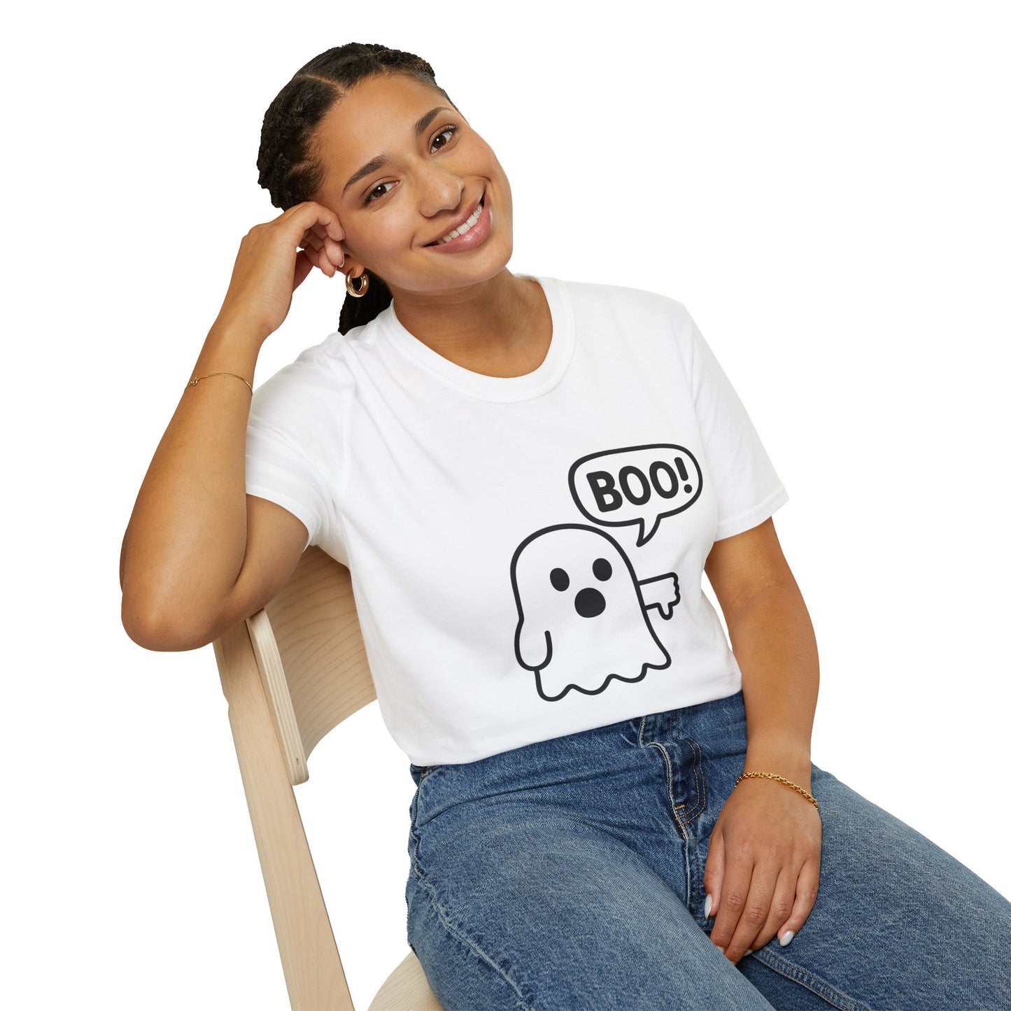 Cute Ghost Thumbs-Down 'Boo' Tee | Funny Halloween Play on Words Shirt | Spooky Season Ghost Tee | Fall Coquette Aesthetic Tee